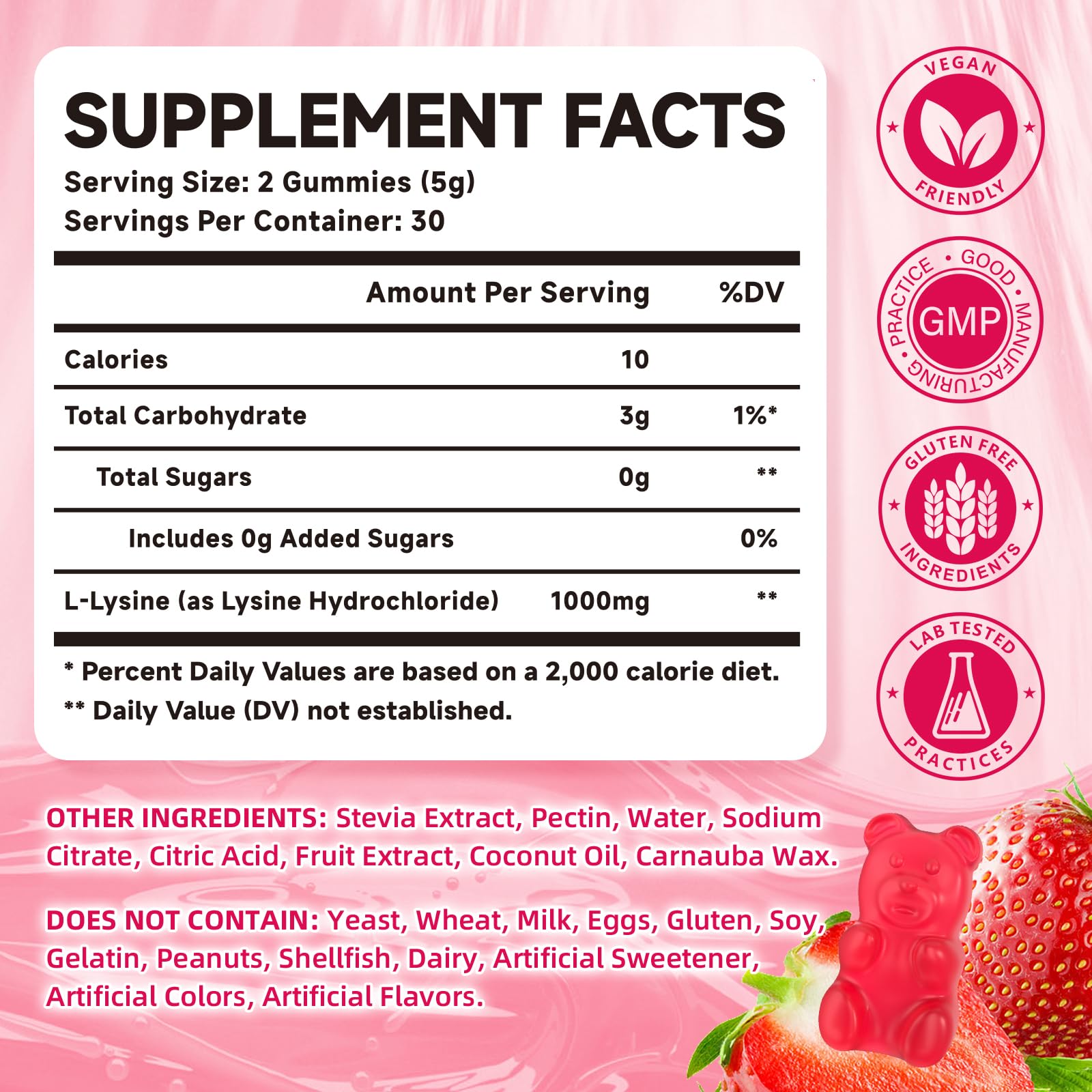 L-Lysine 1000mg Gummies, Chewable Lysine Supplement for Adults & Kids Immune Support, Essential Amino Acid, Vegetarian, Sugar-Free, Gluten Free, Strawberry Flavor, 60 Counts — Amazon image 2