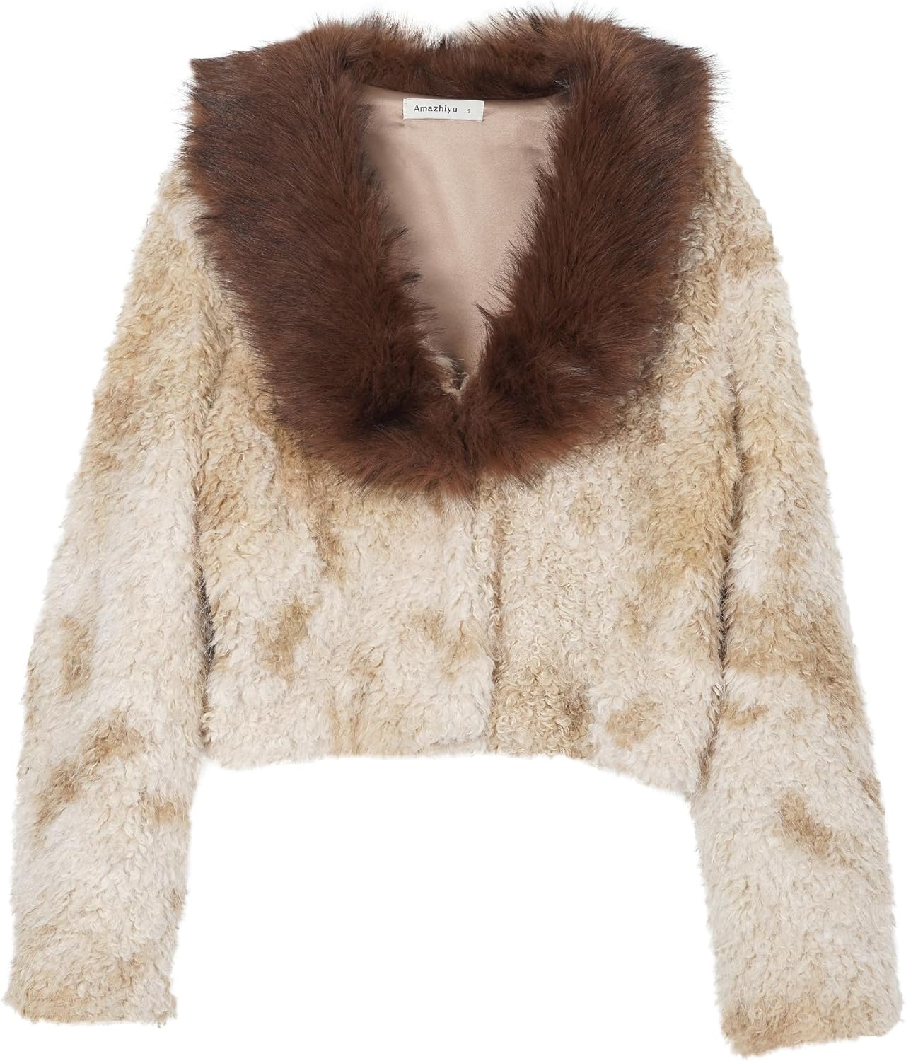 Amazhiyu Women's Faux Fur Cropped Coat Winter Outerwear Lapel Long Sleeve Jacket