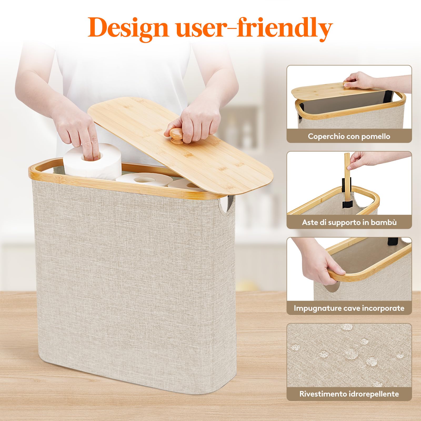 Lifewit Contenitore Carta Igienica, Cesto Porta Carta Igienica, Portarotoli Carta Igienica Scorta con Coperchio in Bambù, Organizer Bagno, Cestino Portaoggetti, Scatola, 30L, Beige