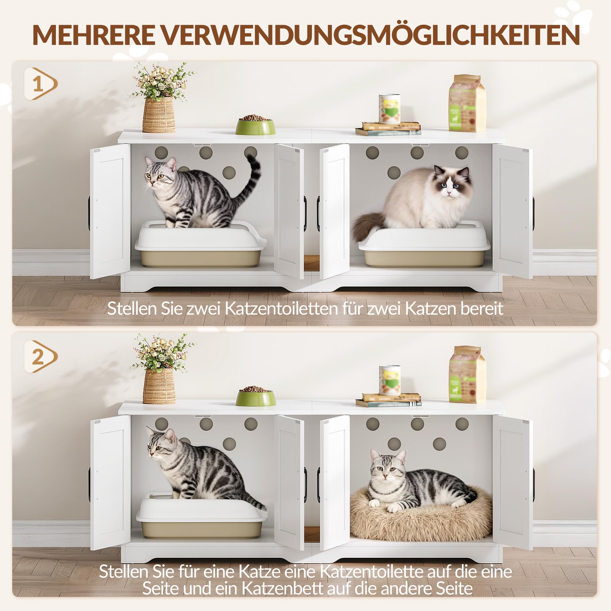 Katzenklo Schrank für 2 Katzen, Katzenklo Versteckt Schrank Möbel, Katzenhaus Holz Beistelltisch mit Kratzmatte, für Wohnzimmer und Schlafzimmer, 140 x 50 x 55 cm, Weiß, FPCB103PW1