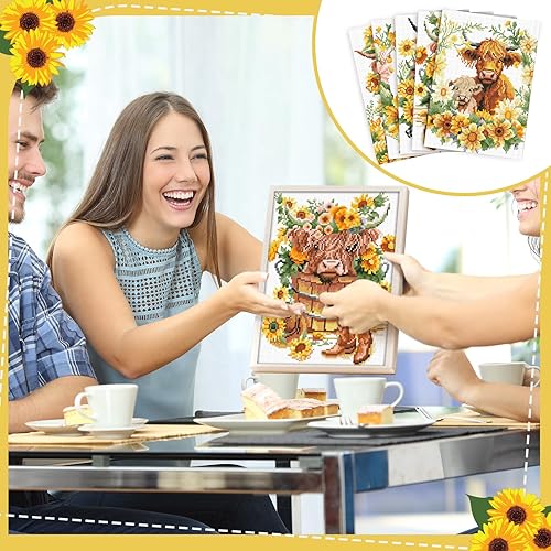 Miniatura 7 de Harloon Paquete de 6 kits de arte de diamantes de vaca de las tierras altas para adultos principiantes vaca 5D primavera verano pintura de diamantes