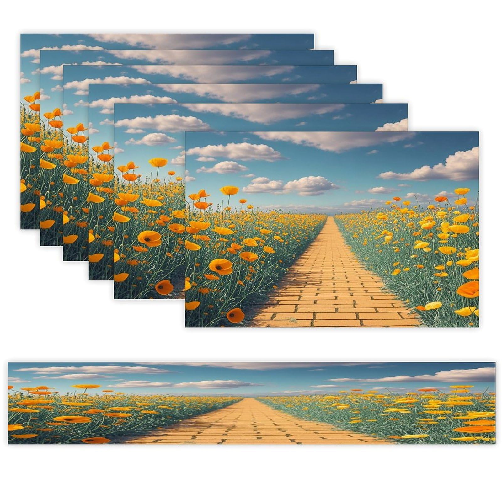 Poppies Field Yellow Brick Road Table Runner and Placemats Set of 6 Heat Resistant Washable Table Runners Dining Mat Sets Modern Cloth Place Mats Linen Table Decor for Kitchen Dining Room