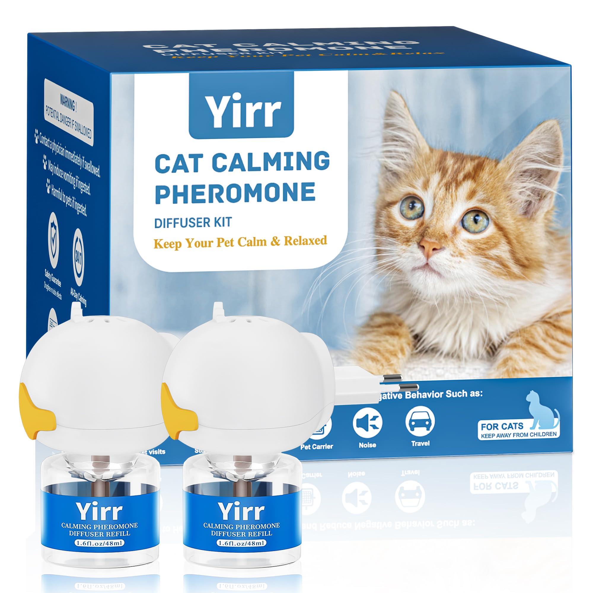 60 Tage Pheromone Katzen Beruhigung Steckdose Set, Entspannende Naturpheromone Lindern Stress Ängste bei Katzen Reduzieren Kratzverhalten Set mit 2 Steckdosen-Diffusoren 2 Nachfüllflaschen (je 48 ml)