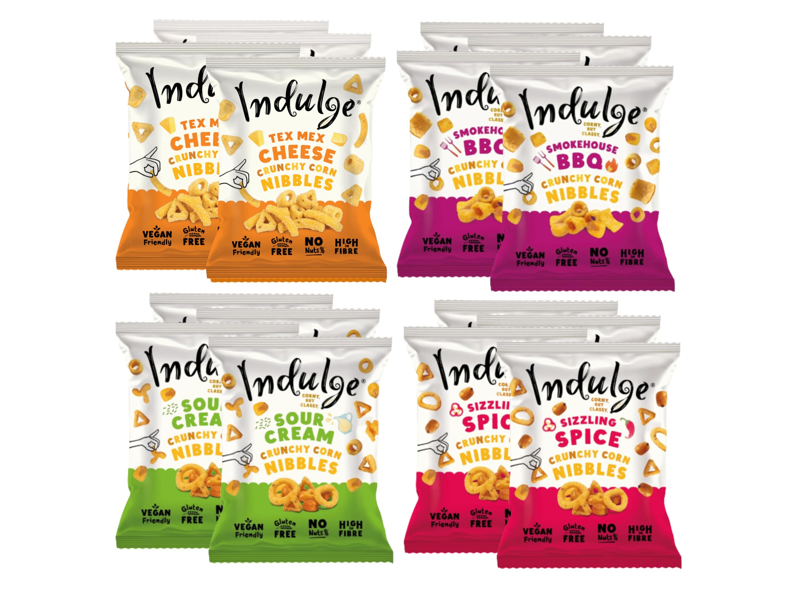 Indulge - Crunchy Corn Nibbles - Variety flavour - Gluten Free, Nut Free, Low Salt, Vegan- 20g x 16 bags (Variety Box) (20g (Pack of 16), Variety Box)