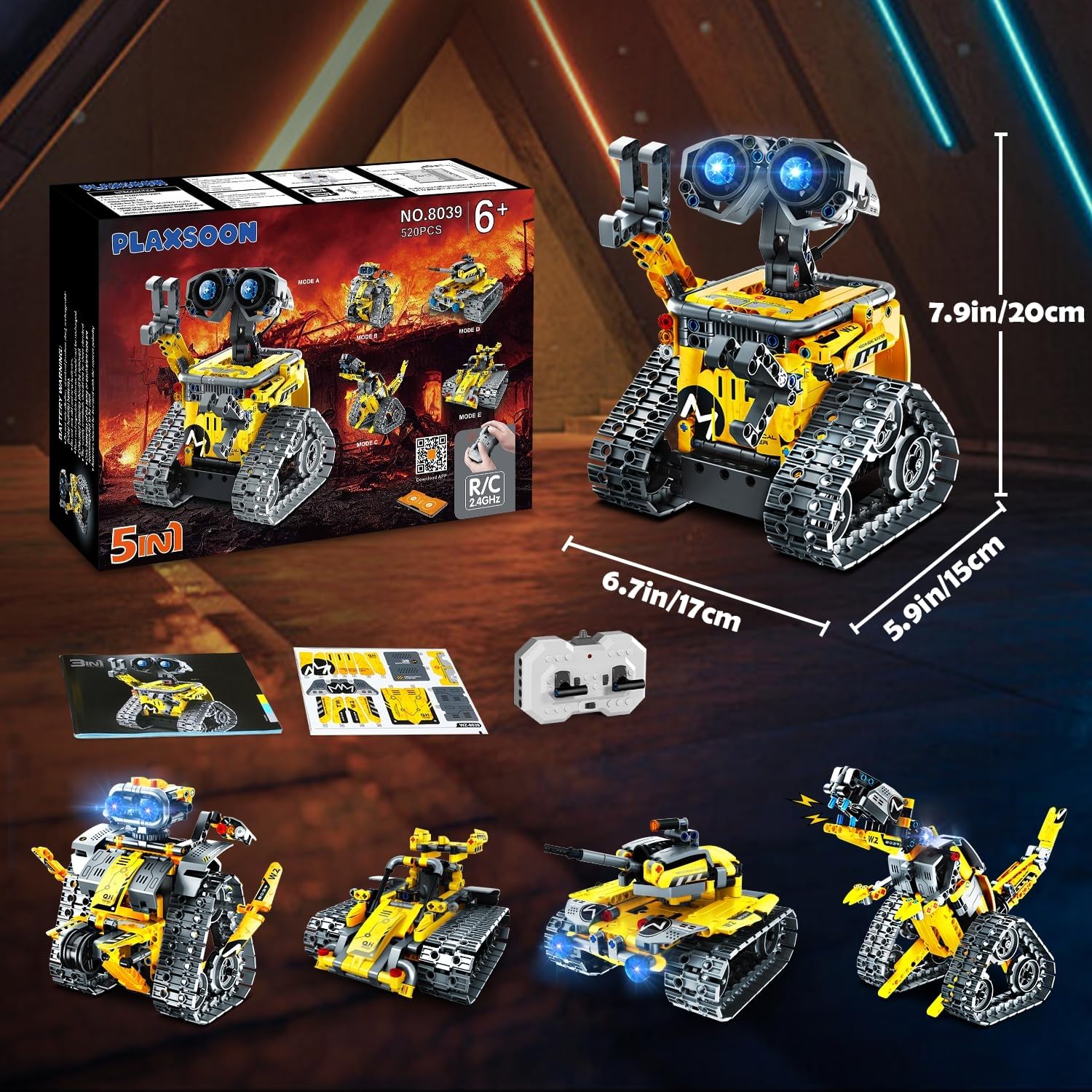 PLAXSOON Technik Roboter Bauspielzeug für Kinder, 5 in 1 App & Fernsteuerung Wall Roboter Panzer Dinosaurier Baustein, 520 Stück RC Programmierbares Spielzeug Geschenk für Jungen Mädchen 6-12+