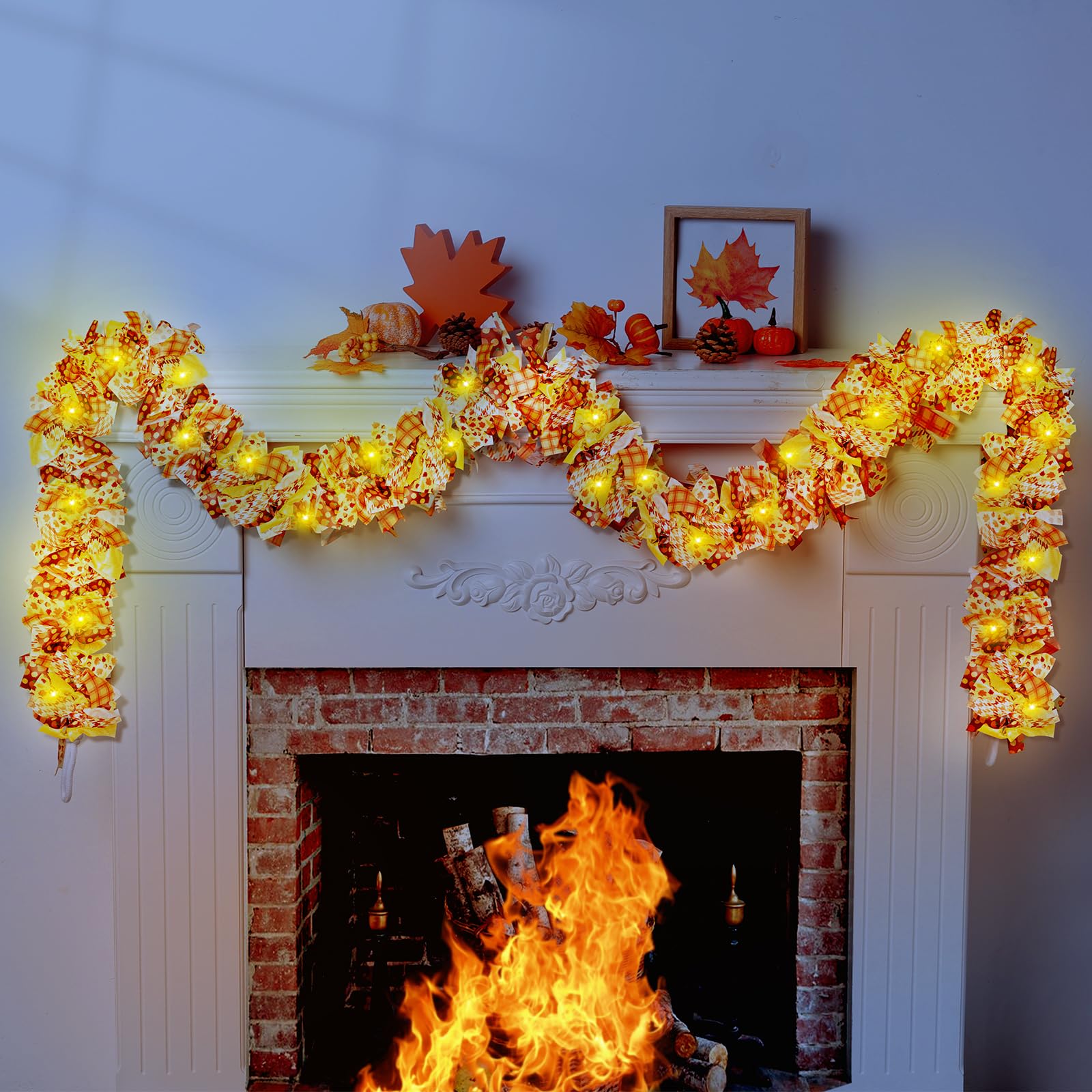 CiyvoLyeen7 FT Rustic Fall Fabric Garland Handmade Festive Autumn Ribbon Bow Banner with LED String Light Perfect for Seasonal Mantle Fireplace Window Doorway Staircase Grip Thanksgiving Tree Decor