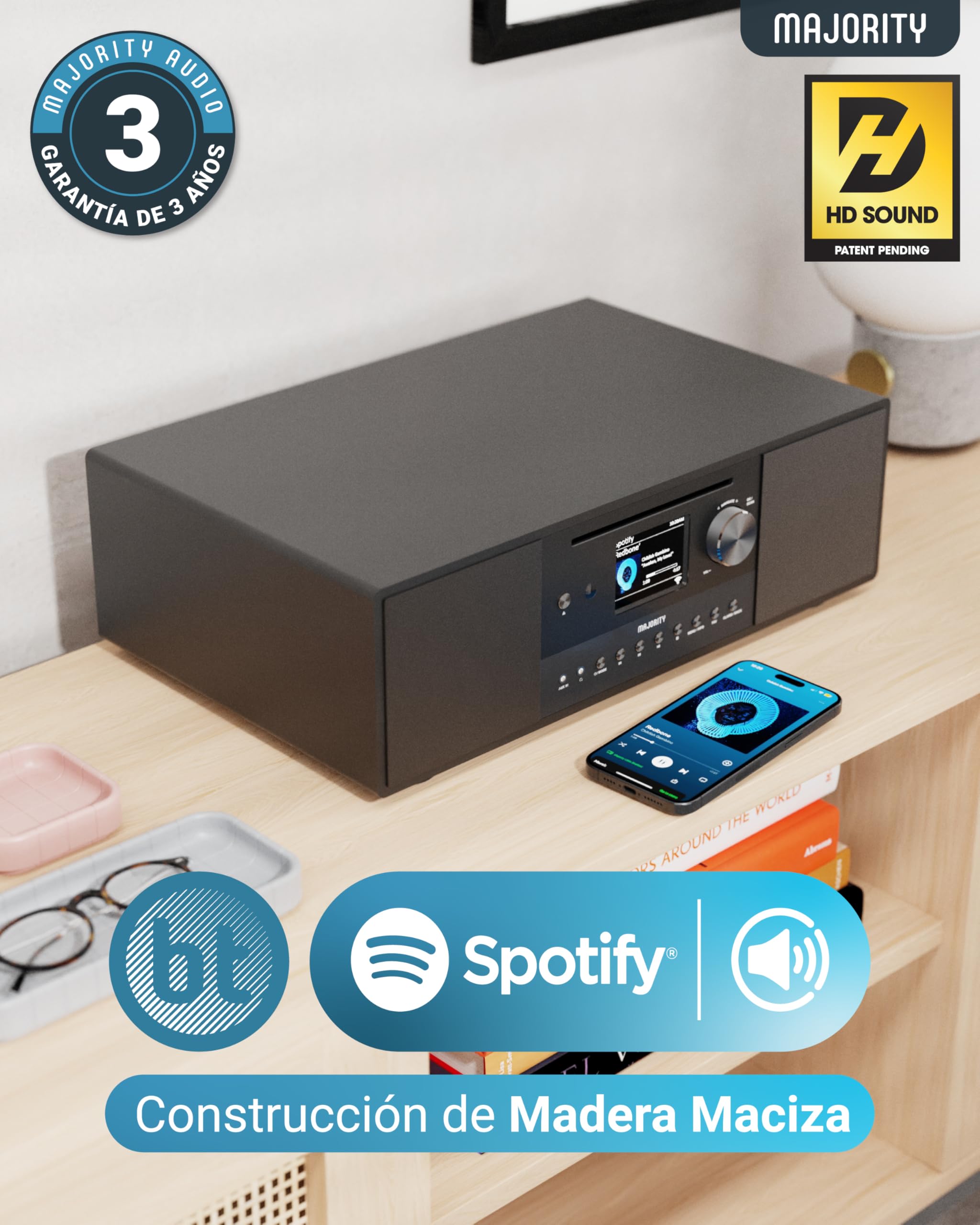 Radio Internet con CD Player | Radio Internet WiFi con Bluetooth | Radio WiFi Dab+ y FM | 120W 2.1 Internet Radio con Subwoofer Incorporado | Spotify Connect y Podcasts | MAJORITY Quadriga