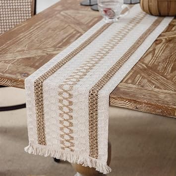 Colorful Table Runner With Tassels Macrame Boho Table Runner Hand Woven Cotton Bohemian Burlap Splicing Table Runner, Rustic Farmhouse Table Runner For Kitchen Dining Table  Color Brown , Size 30