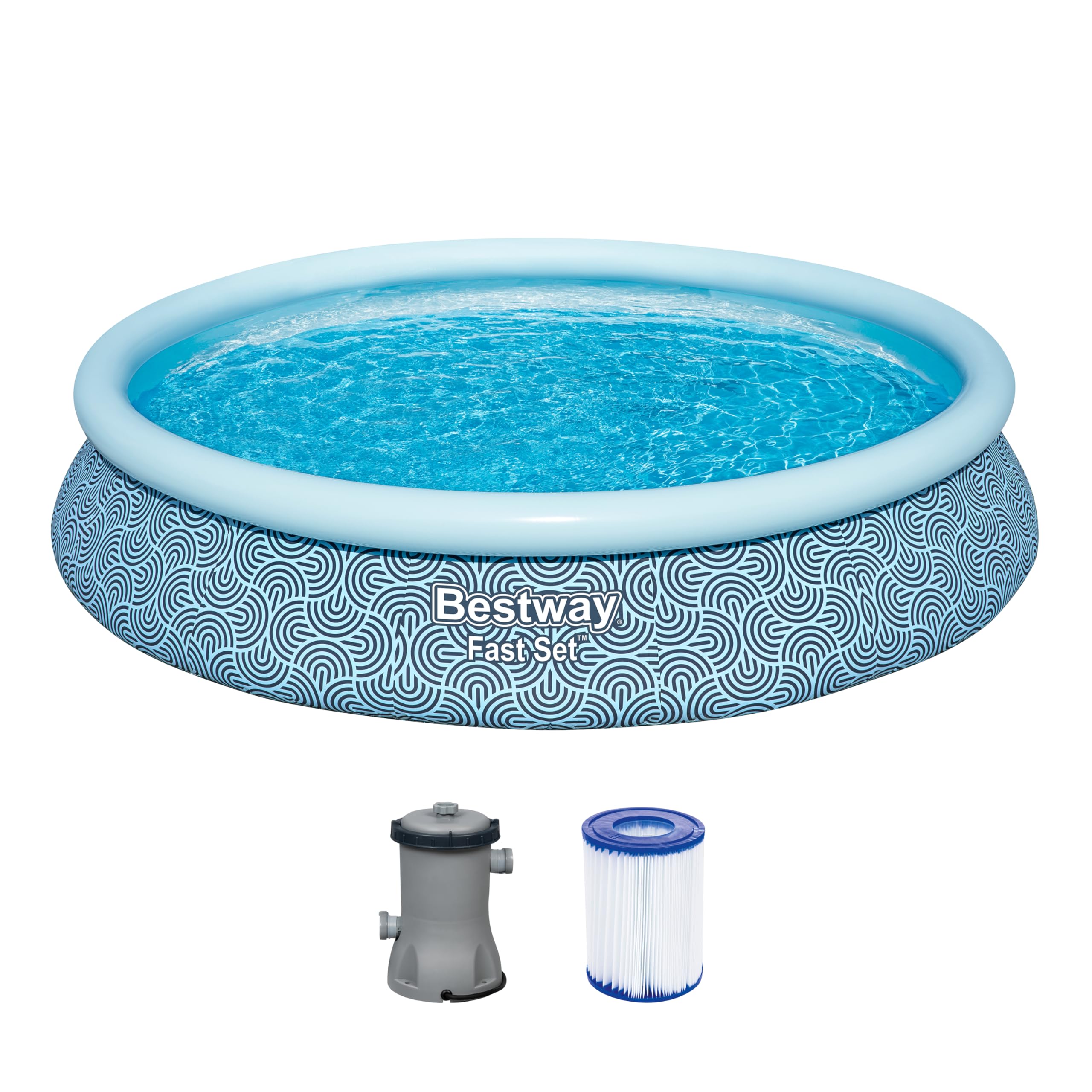 Bestway Fast Set zestaw basenów rozkładanych z pompą filtrującą, Ø 457 x 84 cm, 9,677 l, materiał TriTech, graficzny wzór linii, do samodzielnego montażu, zawór spustowy, pompa filtrująca, wkład