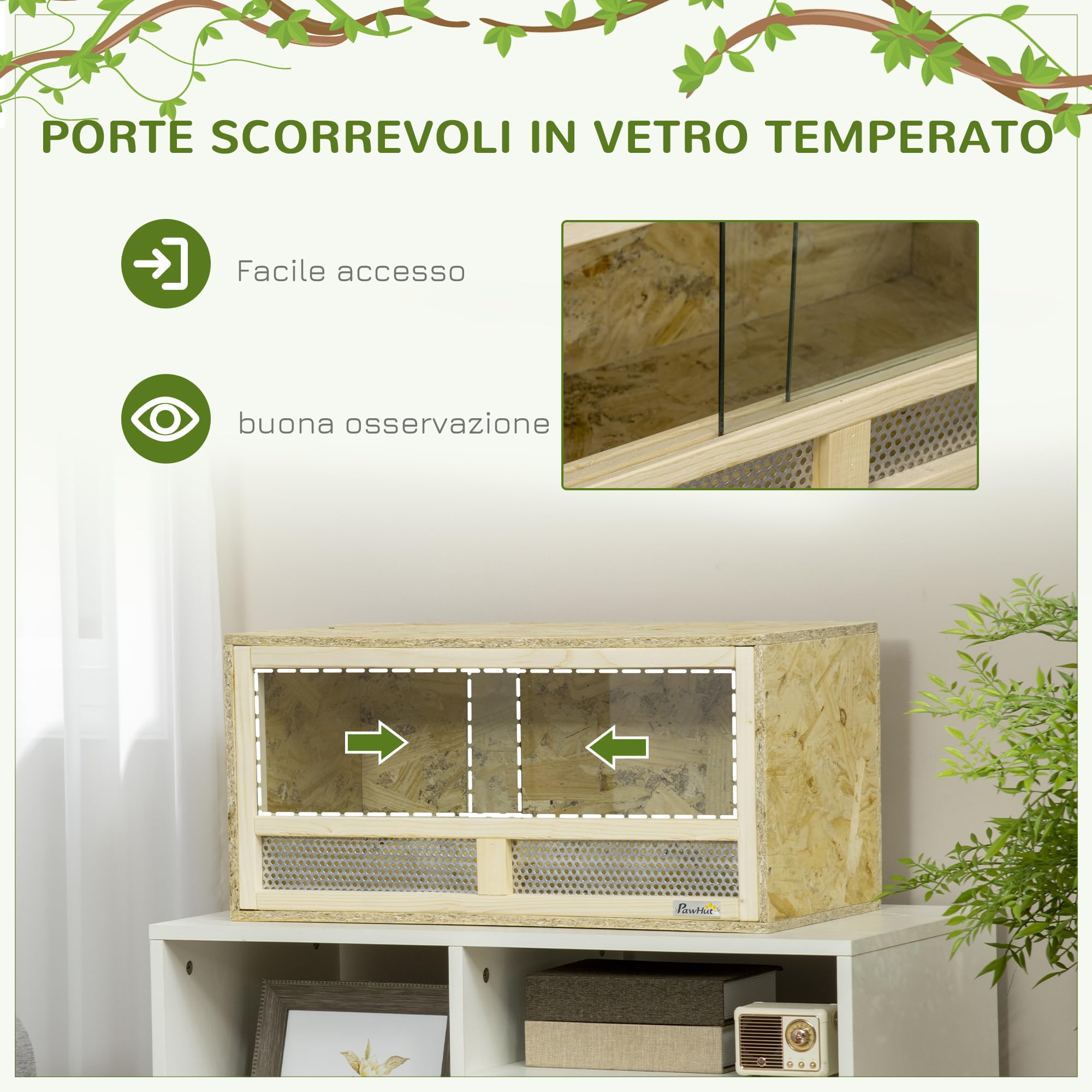PawHut Terrario per Rettili in Legno, Teca per Rettili con Porte in Vetro Scorrevoli e Pannelli in Rete, Rettilario Multiuso, 60x29.5x29.5 cm, per Lucertole, Camaleonte, Serpente