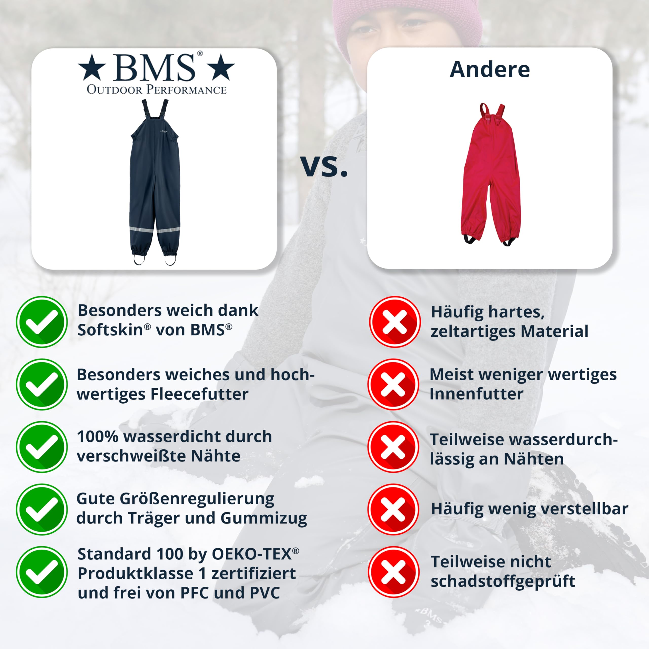 BMS® Schneehose gefüttert für Kinder, ideale Winter-Matschhose und Buddelhose mit kuscheligem Fleece, 100% wasserdicht, besonders hautfreundlich und weich Softskin, Oeko-Tex, Mädchen, Jungen