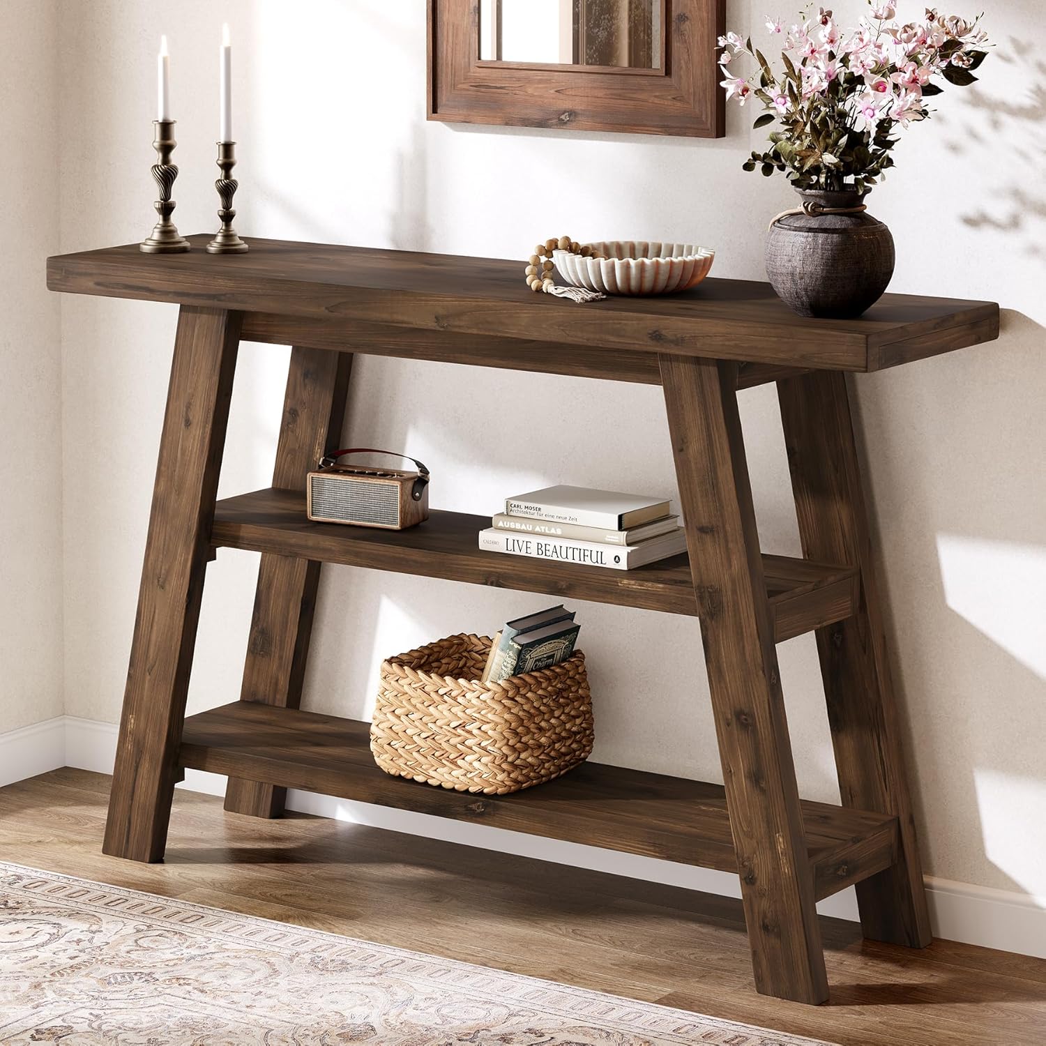 Solid Wood Console Table, 47.24" Long Farmhouse Entryway Table with 3-Tier Shelves, Rectangular Couch Tables Behind Sofa, Narrow Accent Tables for Hallway, Entrance, Foyer, Living Room (Dark Brown)