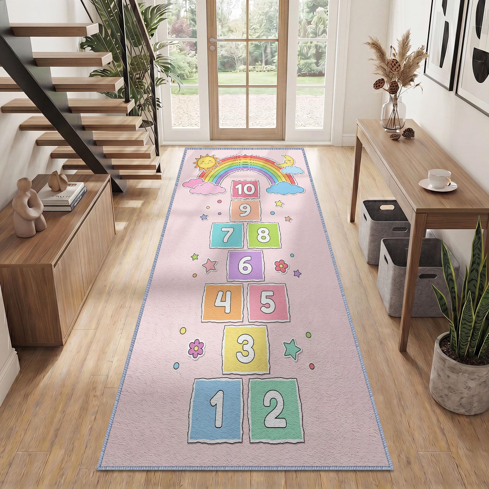Waschbarer Läufer Teppich Flur 90 x 180 cm, rutschfes Kinder Spiele Handgezeichnet Lang Küchenläufer - Himmel Und Hölle Zahlen Blöcke Regenbogen Langer Teppichläufer für Wohnzimmer Schlafzimmer