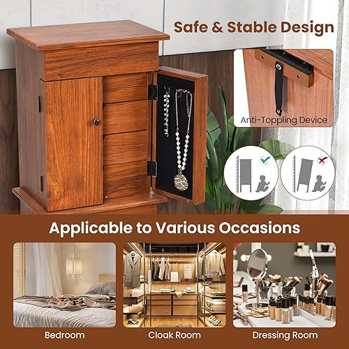 Miniatura 7 de LOKO Armario de joyería con espejo abatible, armario de almacenamiento de joyas de pie con 6 cajones y 6 ganchos, compartimentos superiores