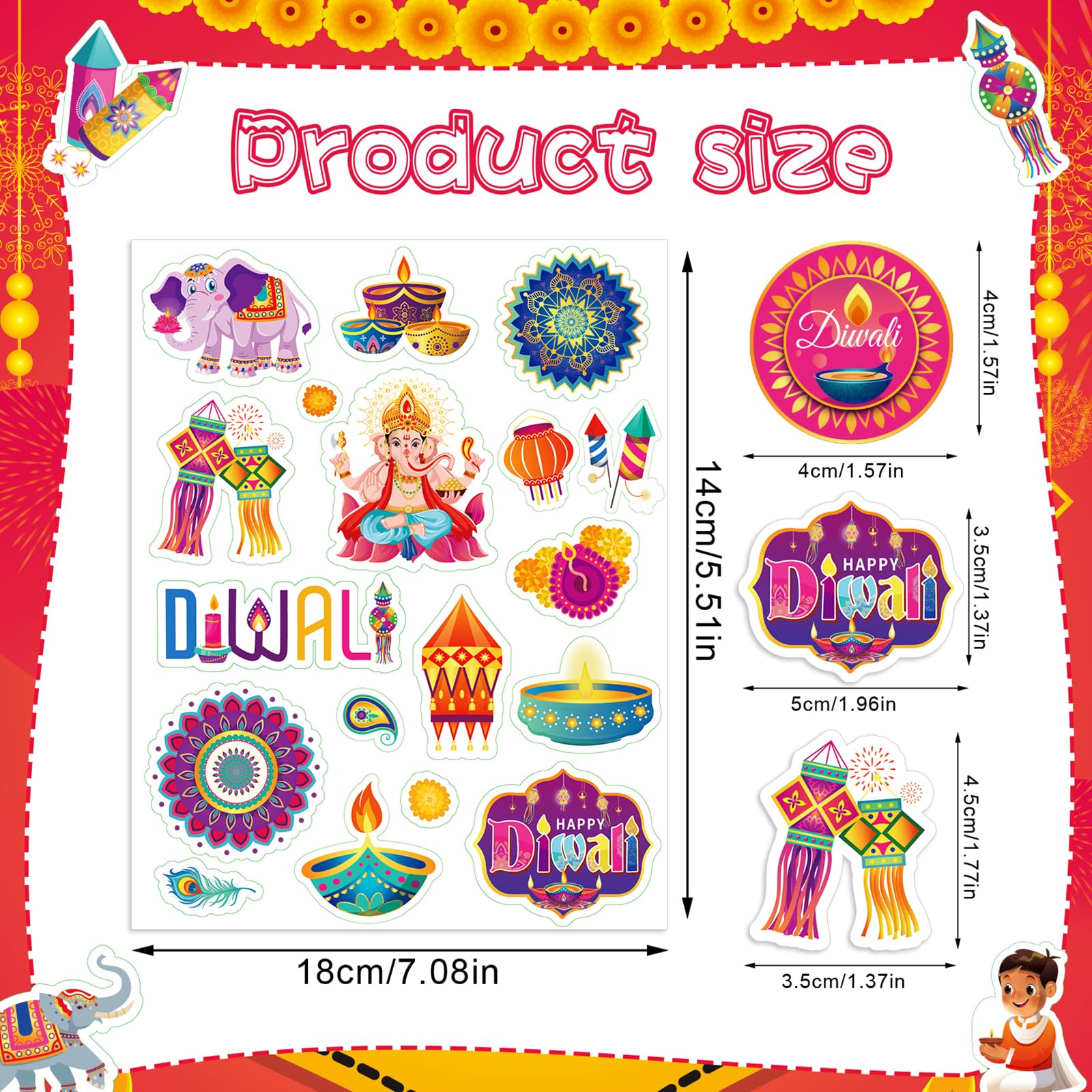 HOWAF 24 Sheets Happy Diwali Stickers 330+ Diwali Diyas Rangoli Stickers Labels Crafts for Kids Gifts Box Gift Cards Gift Stickers Party Favors Happy Diwali Decorations Indian Decorations - Image 2