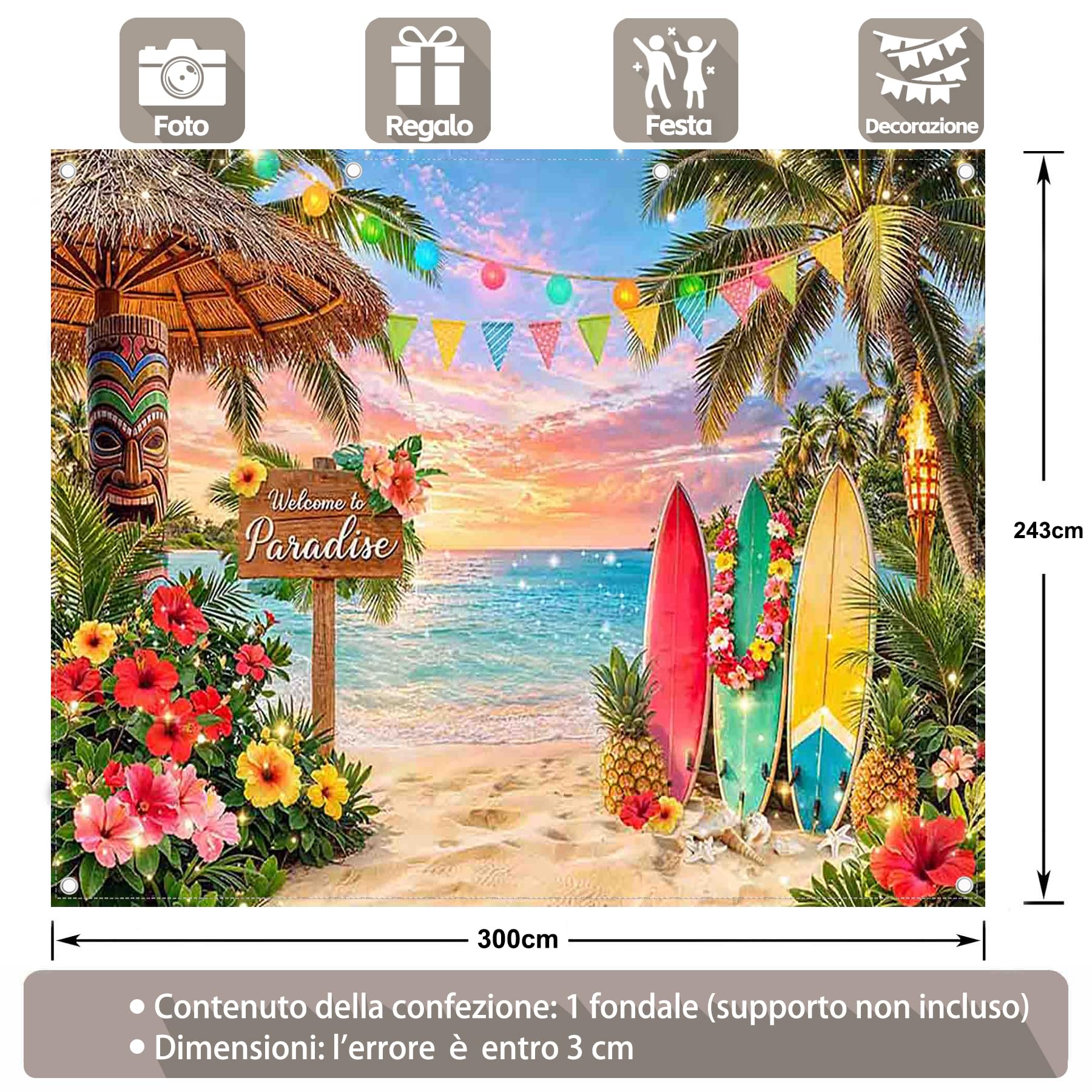 Luminora 3x2,4m Sfondo estivo tropicale sulla spiaggia, luau, palme