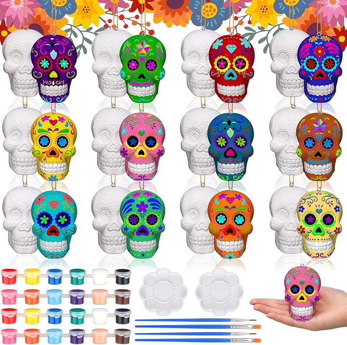 RoundFunny 24 Pcs Sugar Skull Ceramic to Paint, 3D Hanging Ornaments