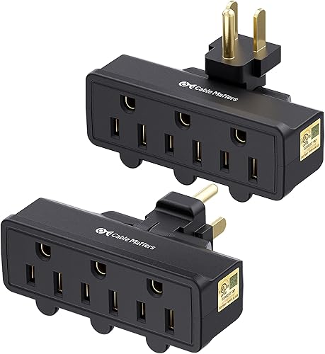 Cable Matters - Paquete de 2 grifos de pared giratorios de 180 grados con conexión a tierra de 3 tomas de corriente en negro (salida giratoria,