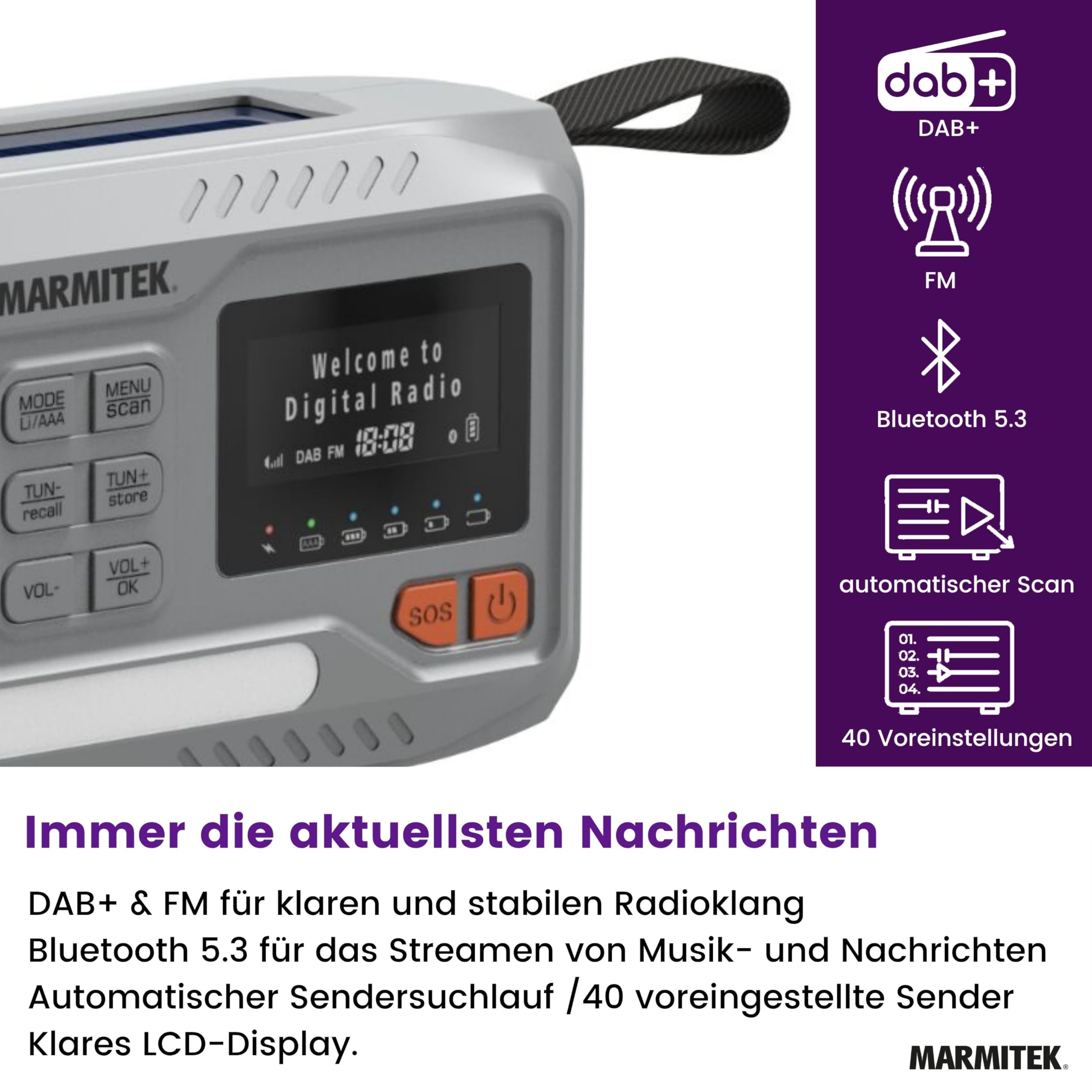 Marmitek RESQ 100 - Notfallradio DAB+/FM Solar Kurbelradio mit SOS USB-C | Powerbank 4500 mAh, Bluetooth 5.3, Farbdisplay, Taschenlampe, Leselicht, USB-C, IPX3, 3x AAA Backup für Blackout