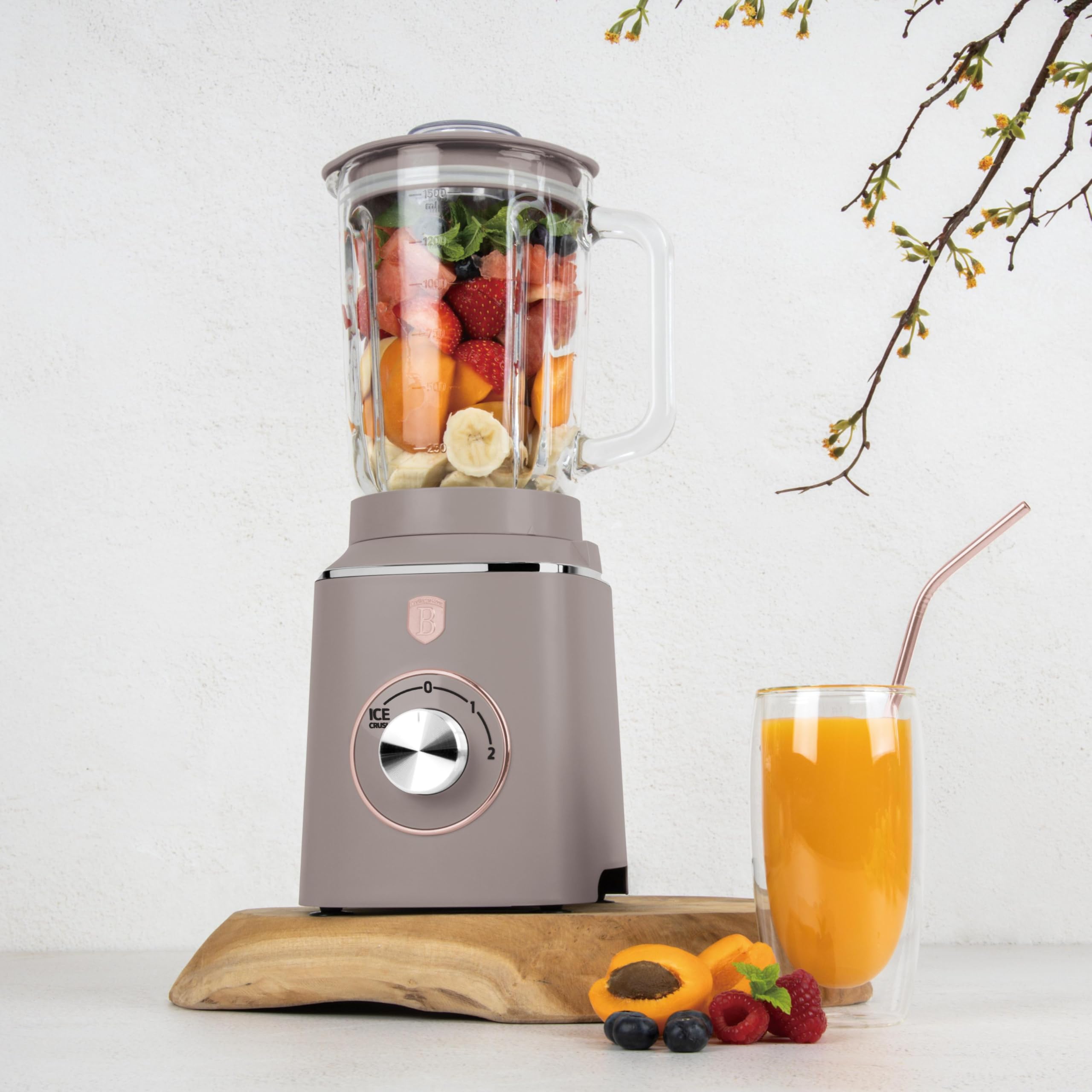 Berlinger Haus Batidora de Mesa 1000W con Jarra de Vidrio 1.5L, Función Smoothie y Tritura Hielo, Cuchillas de Acero Inoxidable, Protección Contra Sobrecalentamiento, Color Taupe Mate