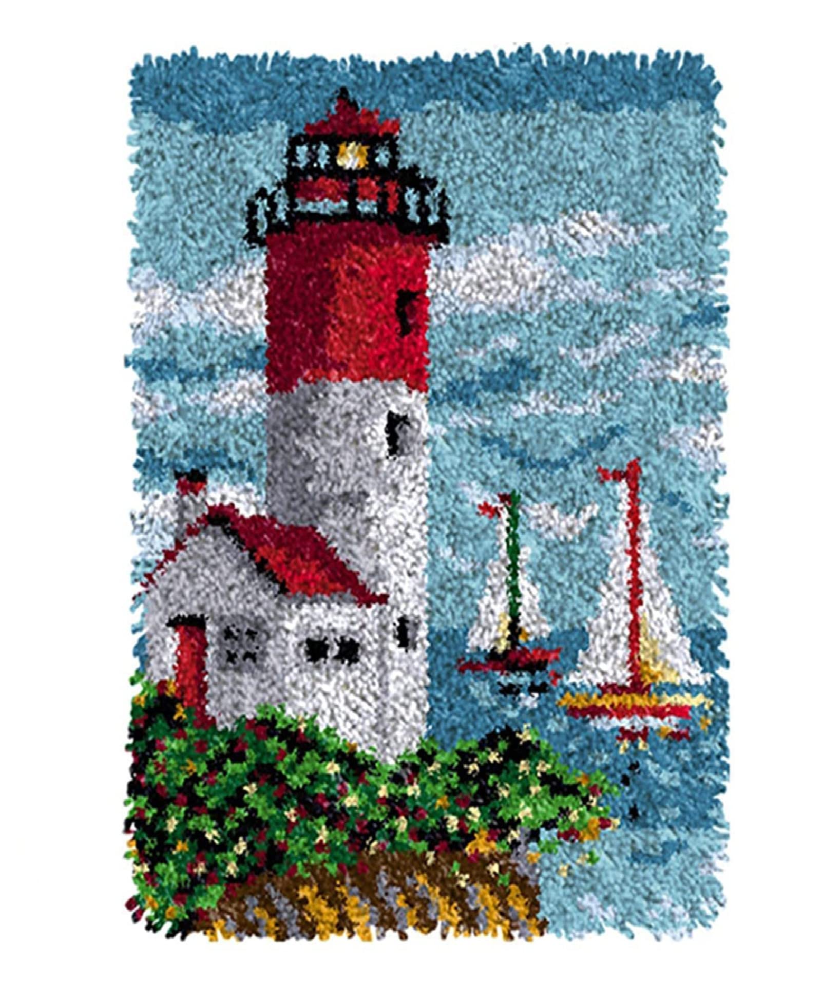 VIONNPPT Juego de alfombras de ganchillo con diseño de faro en el mar, para hacer manualidades, sin terminar, con preimpreso, juego de alfombras 3D, para adultos y niños, 60 x 40 cm (velero)
