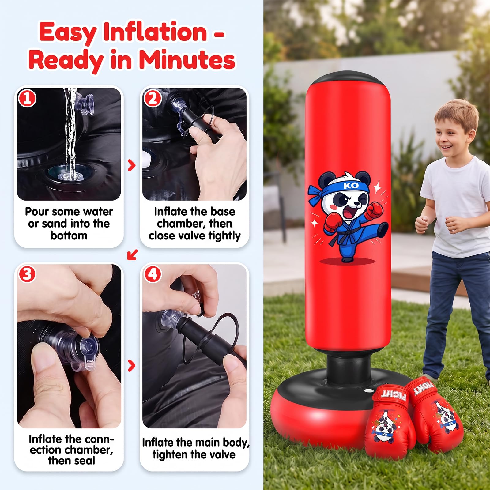 Ninonly Sacco da Boxe 130cm con Guanti e Pompa per Bambini 3-8 Anni | Sacco da Boxe da Terra Gonfiabile, Punchball per Karate MMA Taekwondo, Gioco Fitness per Allenamento a Casa, Design Panda