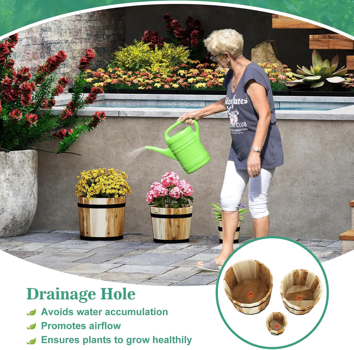 S AFSTAR Bucket Planter Box Set of 3, Acacia Wood Whiskey Barrel Planters with Drainage Holes & Metal Bands, Multi Sizes Rustic Decorative Flower Pots for Outdoor & Indoor