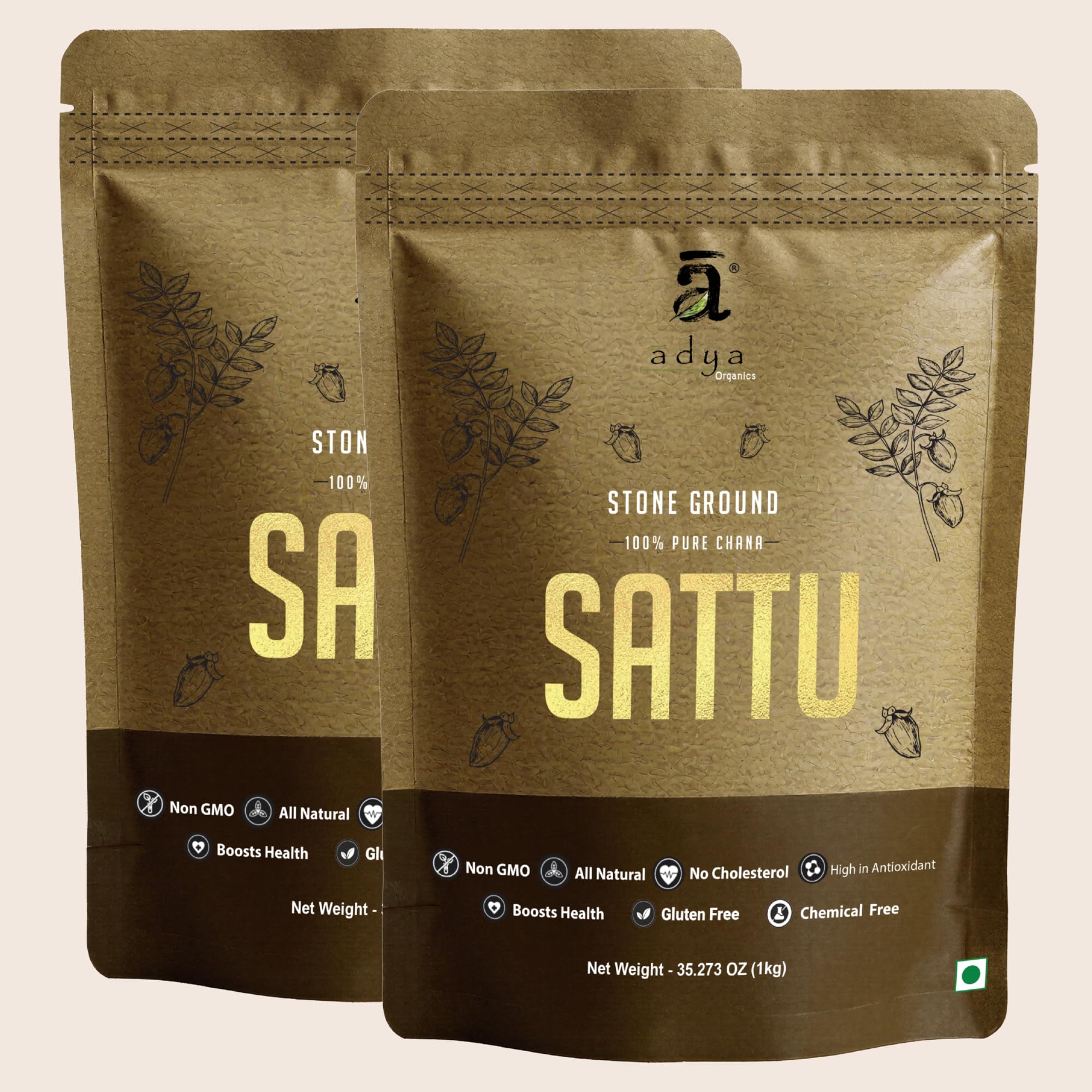 Adya Organics Sattu | 100% Pure & High-Protein Roasted Chana Powder | Chemical-Free & Natural | Perfect for Summer Drinks, Parathas, & Snacks | Healthy & Tasty | 2kg- (Pack of 2)