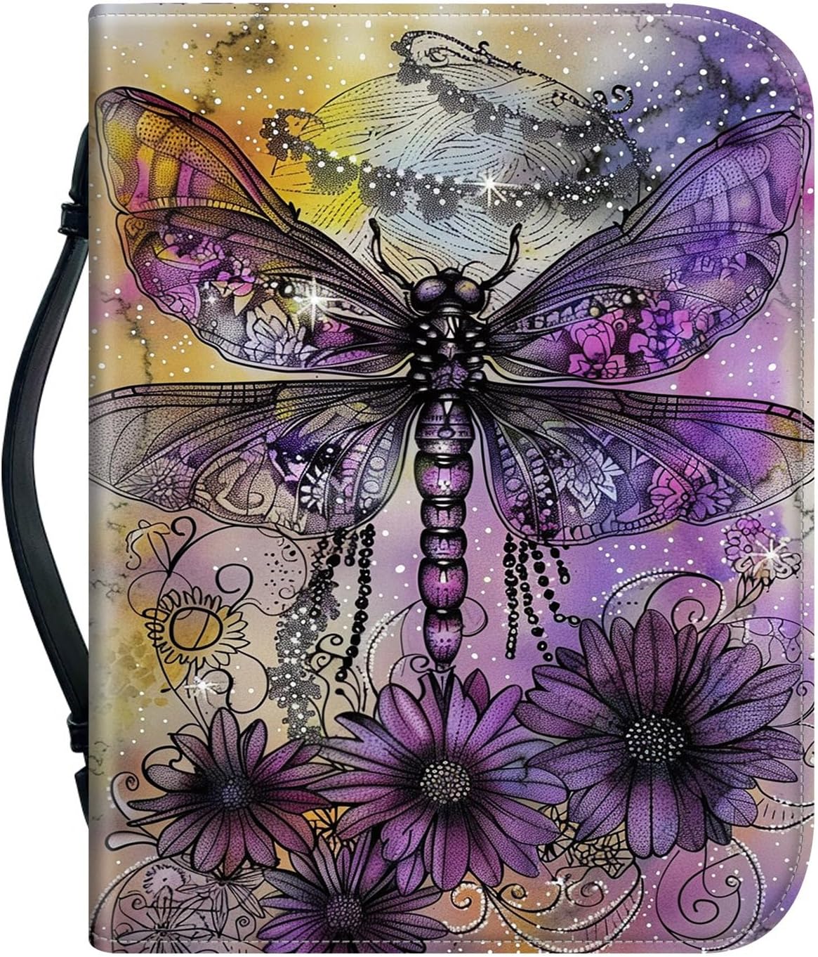 Leather Bible Cover Case for Women 12.2 * 9.06 * 2.76, Bible Bag Carrying Case with Handle Pen Slots Study Bible Supplies, Purple Dragonfly with Flowers