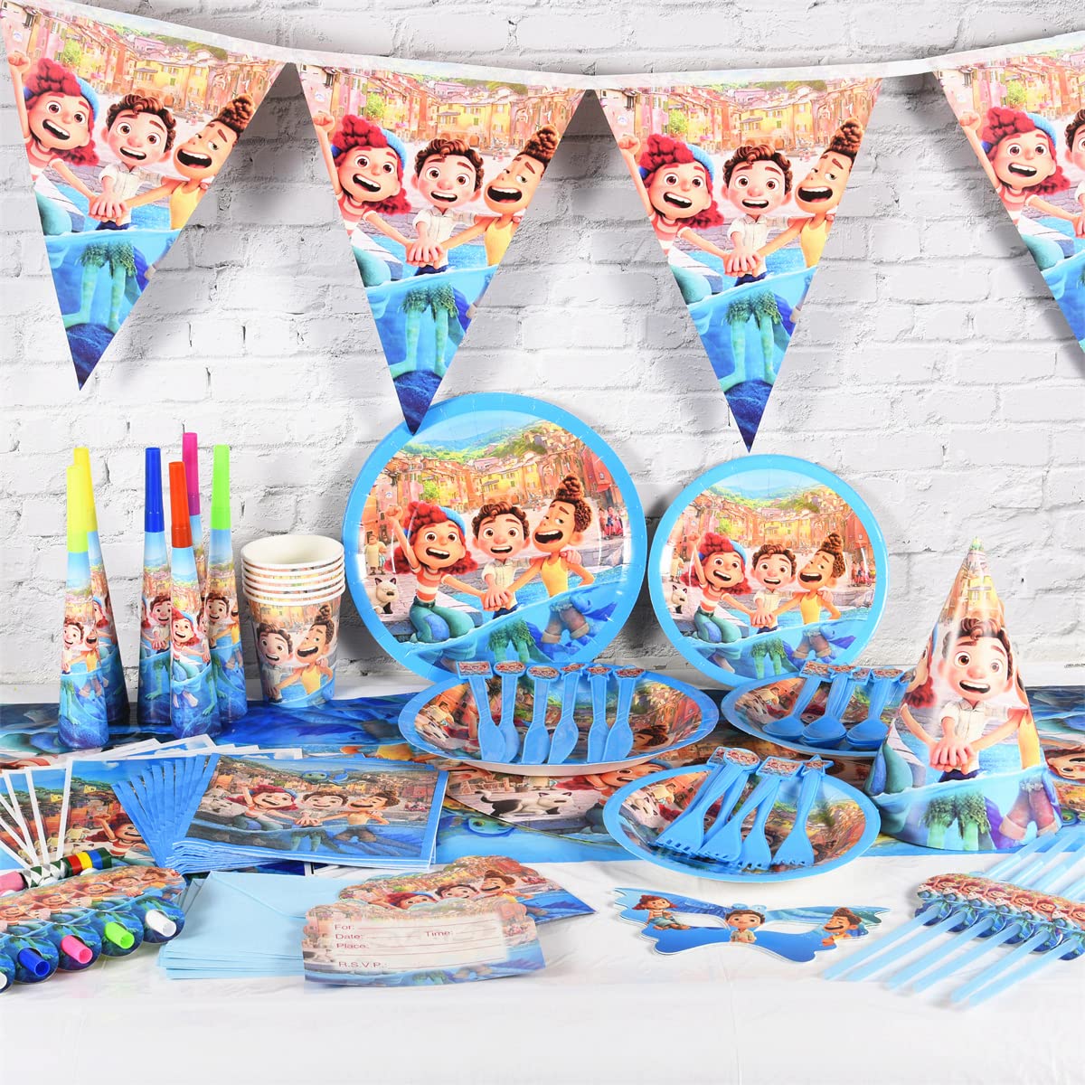 90 Pcs/Set Sonic Luca Bunny Bluey COCO Theme Party Disposable Tableware Set Decoration Supplies Table Cloth Set for Kids Favor Birthday Props (Luca)