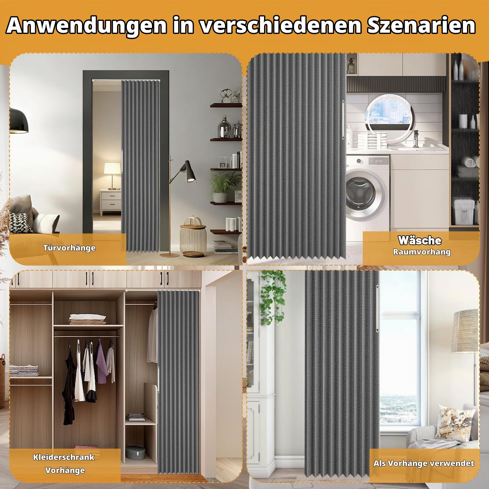 Magnetischer Türvorhang, 120x200cm Faltbarer Raumteiler Vorhang, Verdunkelung Falttüren Innentüren, Falttür Ohne Bohren mit Klebeschiene, Haken, für Schränke/Bad/Schlafzimmer/Wohnzimmer (Grau)