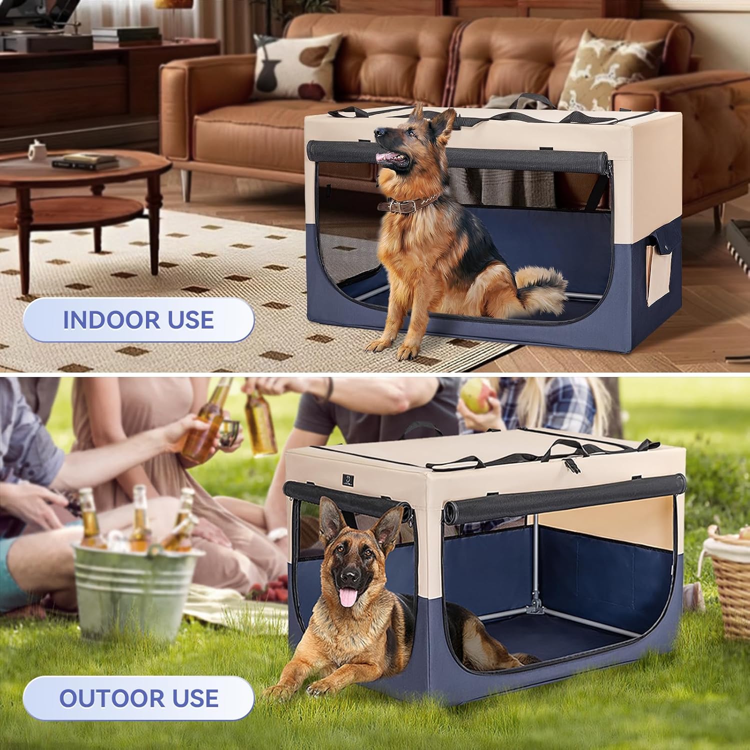 36 Collapsible Dog Crate for Large Dogs - Portable Soft Travel Kennel with Lockable Zippers, Waterproof Base, Washable Cover, Patented Screw Frame for Adjustable Tension, Outdoor, Indoor, Car Use
