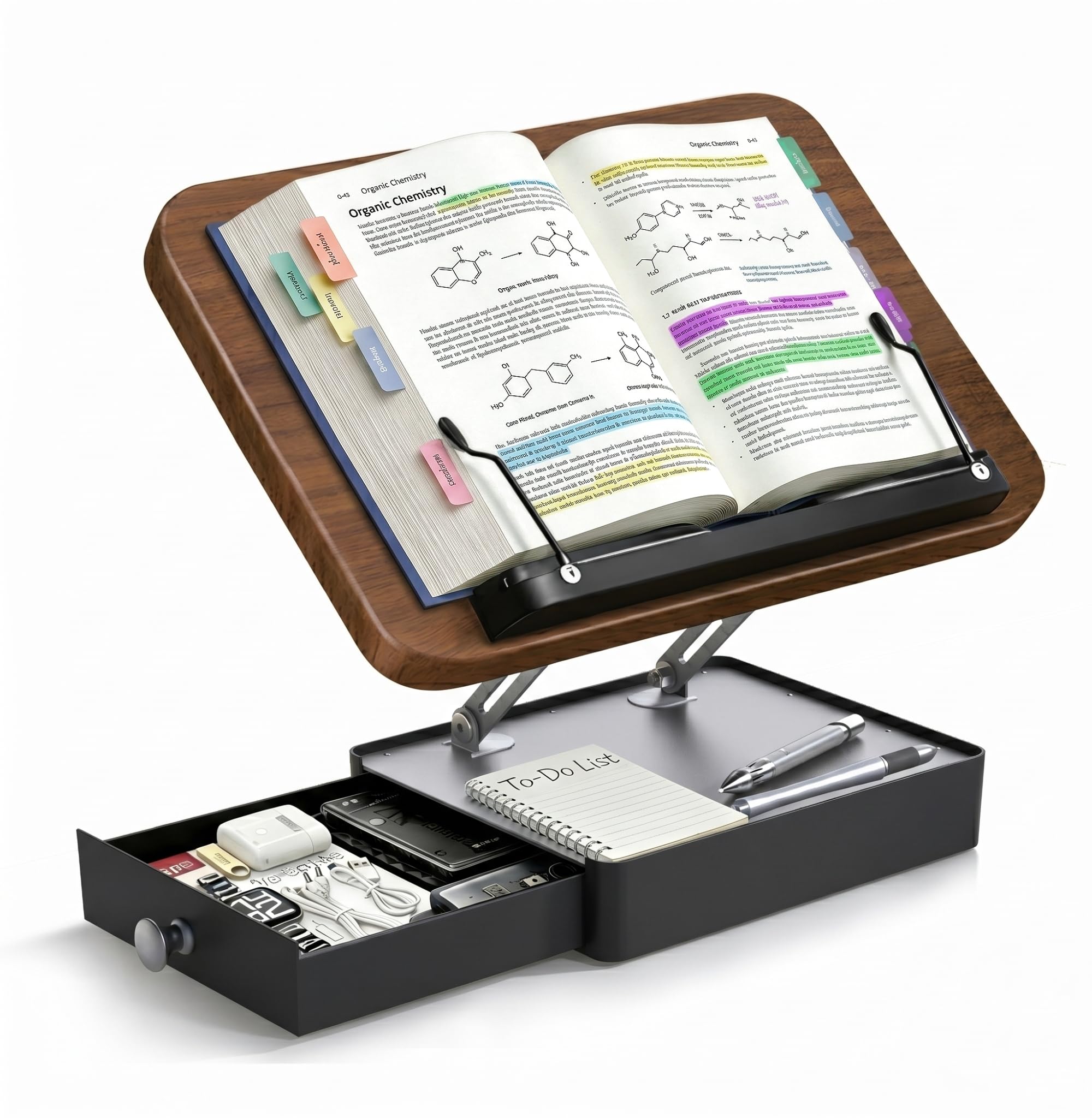 Leggio per libri con contenitore, supporto da lettura in legno per scrivania, ergonomico regolabile in altezza e angolo, supporto per libri di testo, libri di cucina, documenti (finitura noce