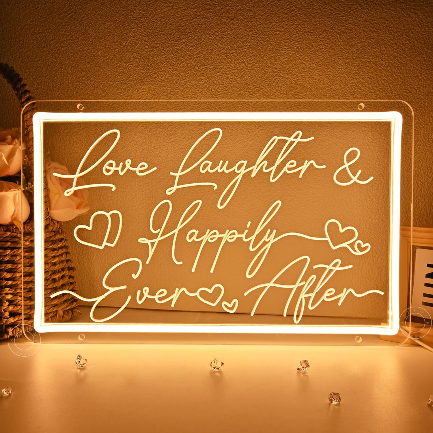SYLHOME Led Neon Light Sign Love Laughter Happily Ever After Wedding Backdrop Home Bedroom Living Room Wall Sign Decor Birthday Christmas Party 15.75"