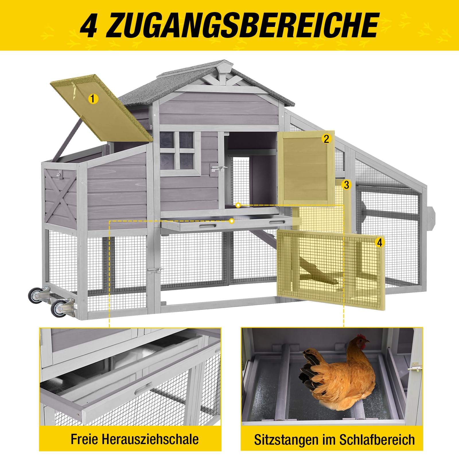 Aivituvin Hühnerstall mit Rädern, Beweglicher Erweiterbarer Holzkäfig für Kaninchen & Geflügel mit großem Legekasten, undurchlässiger herausziehbarer Schubschale und UV-beständigem Dach (Grau)