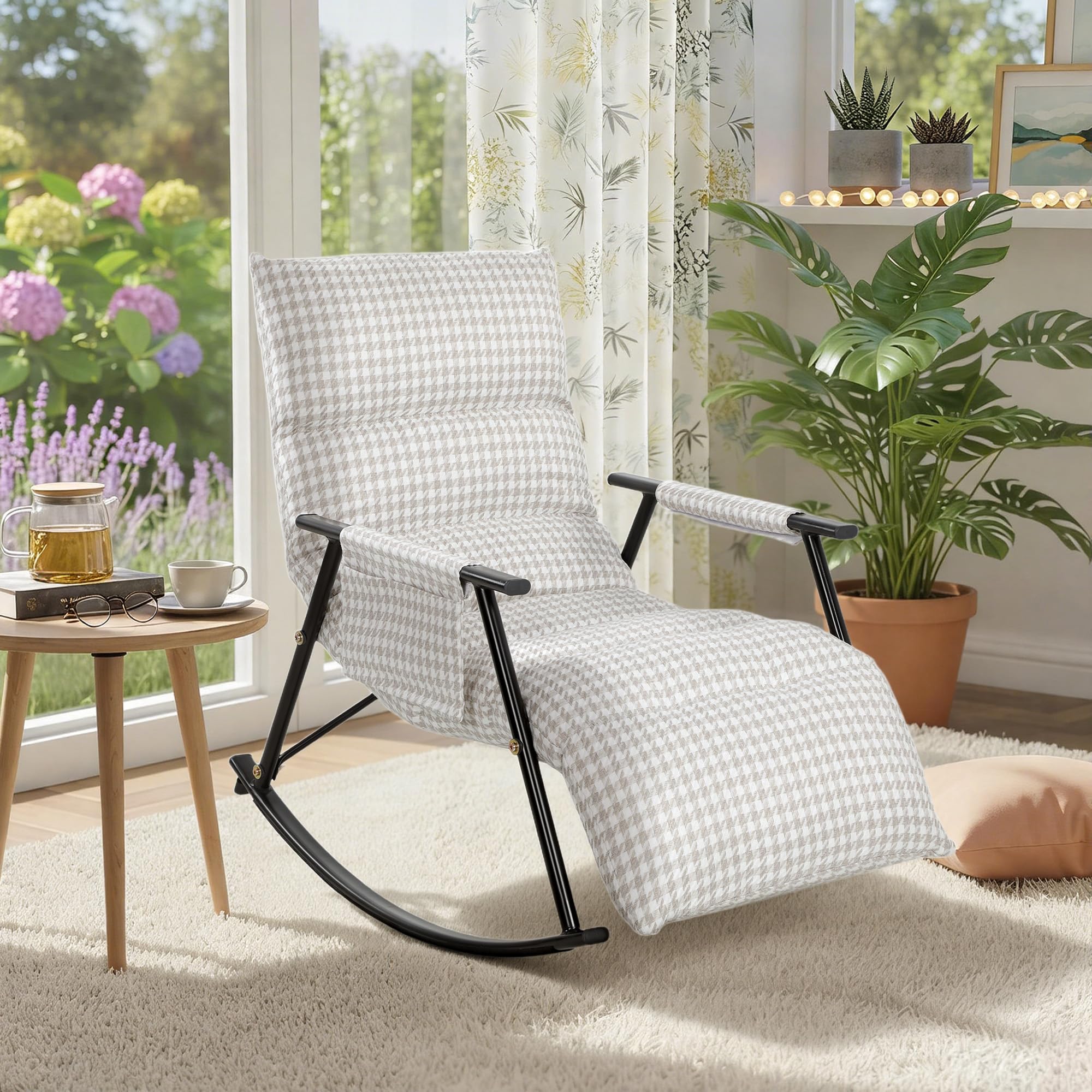 HOMCOM Silla Mecedora con Respaldo y Reposapiés Ajustables, Mecedora Sillón Balancín 105°, Tapizada en Lino, con Bolsillo Lateral y Marco de Metal, Carga 120 kg, para Dormitorio, Salón, Gris y Blanco