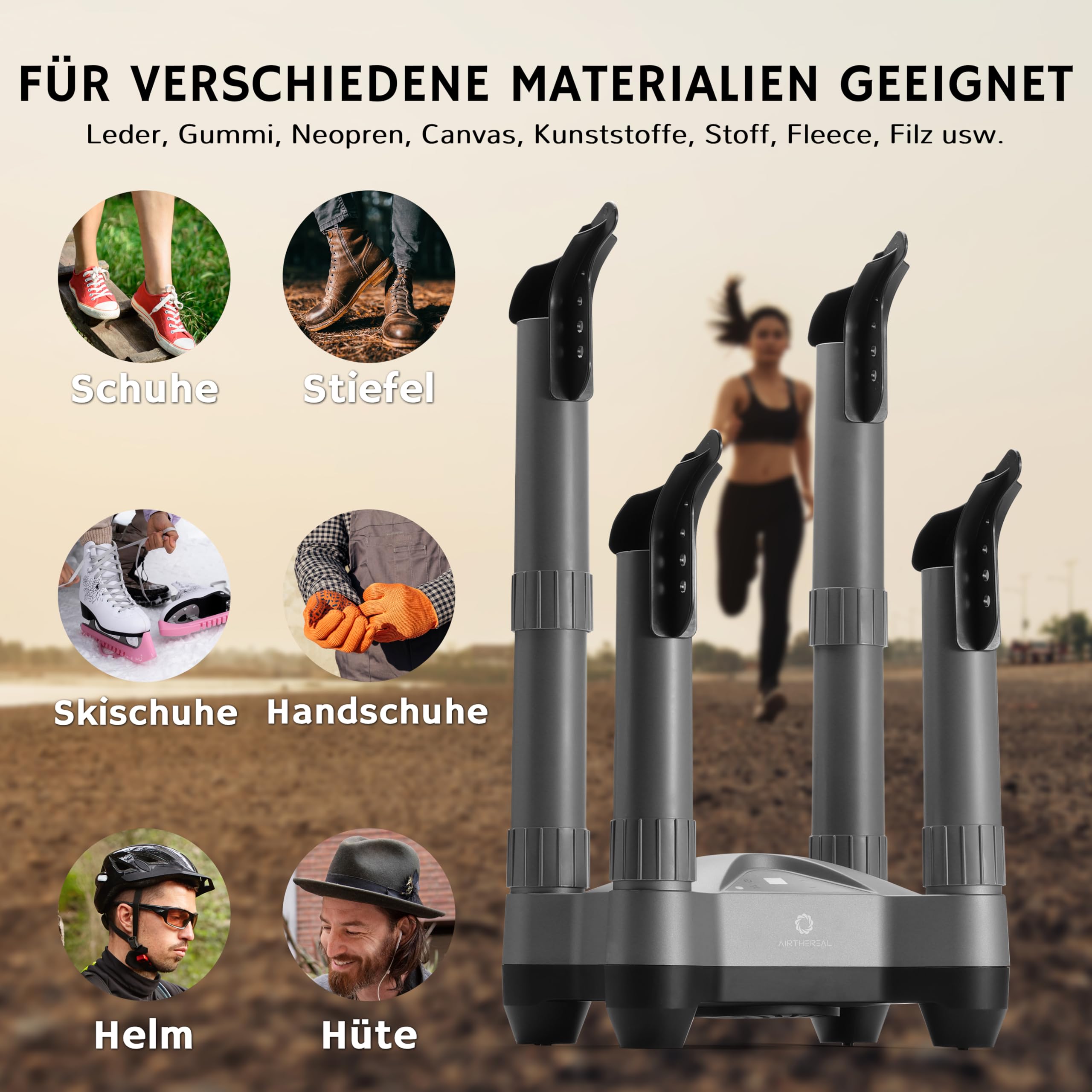 AIRTHEREAL SD20 Elektrischer Schuhtrockner mit Timer & Ozon-Desinfektion | 110W Warmluft für 2 Paar | Teleskop-Stiefeltrockner für Skistiefel, Arbeitsschuhe, Sneaker & Handschuhe | Grau
