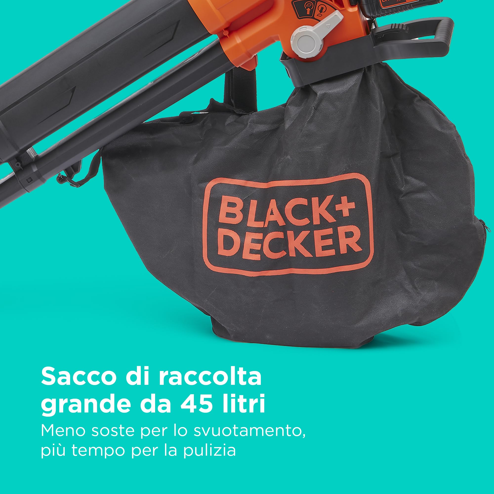 BLACK+DECKER Cordless 36v Soffiatore, aspiratore e trituratore per foglie, con sacco di raccolta da 45 litri e batteria al litio da 2,5 Ah, BCBLV3625L1-QW