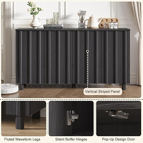 Miniatura 5 de Armario de buffet acanalado negro nogal de 59 pulgadas con aparador de almacenamiento, gabinete de acento moderno de mediados de siglo de 4 puertas,