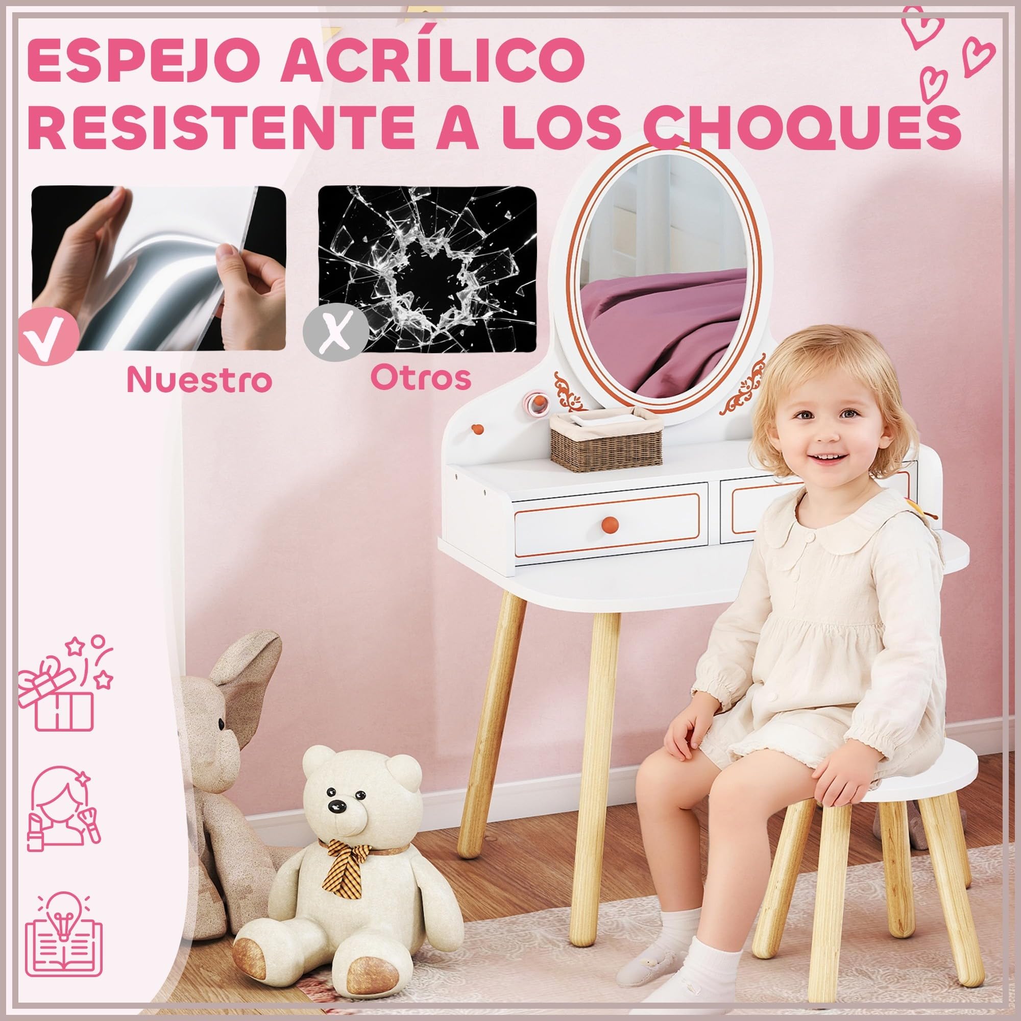 AIYAPLAY Tocador de Maquillaje Niña con Taburete, Espejo, 3-8 Años Blanco