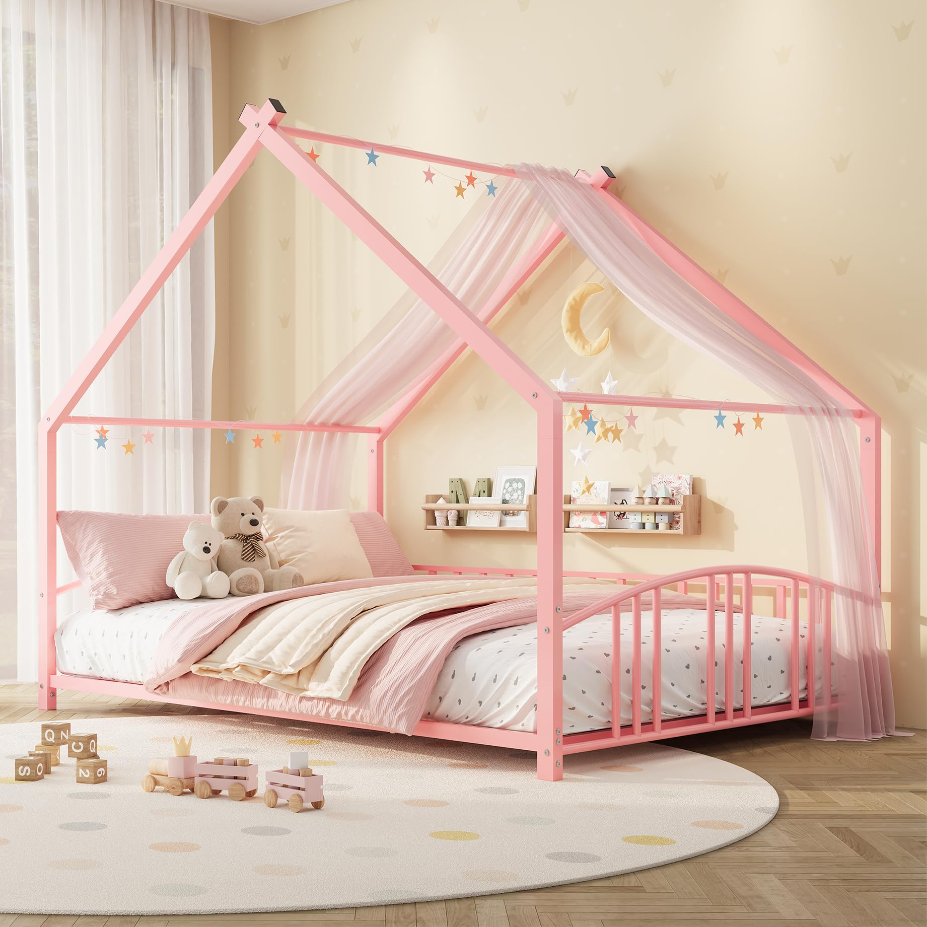 Garvee Full Size Metal House Bed Frame for Kids, Pink