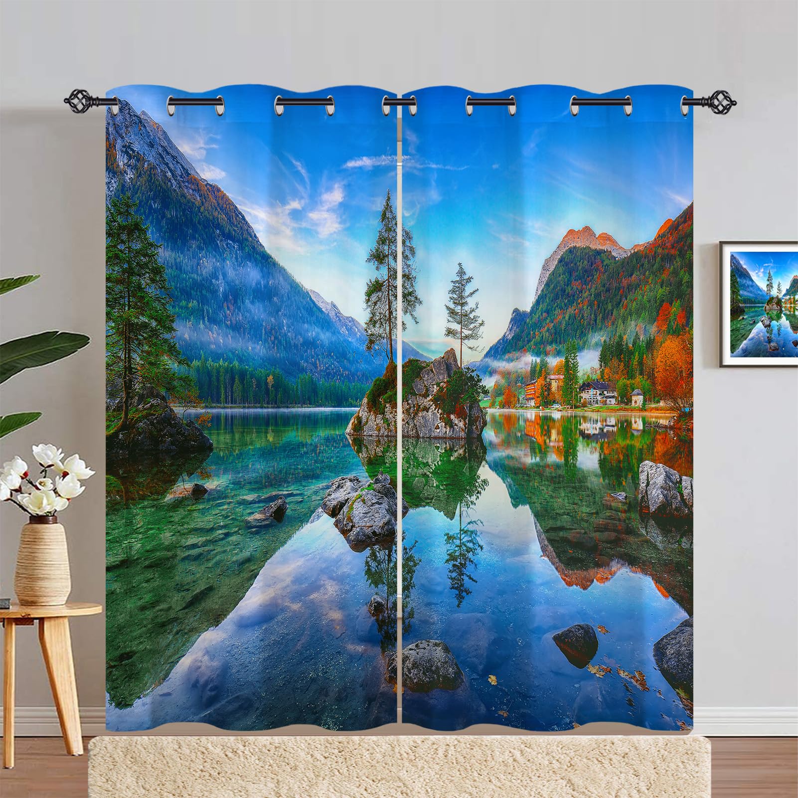 ANHOPE Autumn Landscape Curtains Eyelet Blackout Thermal Insulated Curtains Nature Mountain Lake Print Pattern Soft Soundproof Privacy Window Drapes for Bedroom Living Room 55 x 72 Inch 2 Panels
