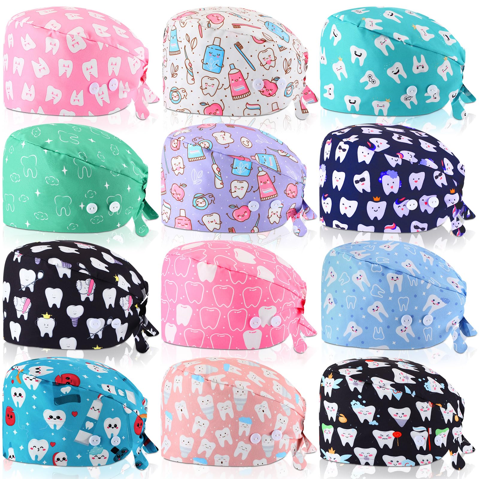 Unittype 12 Pcs Dental Caps for Women Adjustable Dentist Scrub Cap Elastic Nurse Hats Teeth Pattern Working Hats Bulk (Fresh Style)
