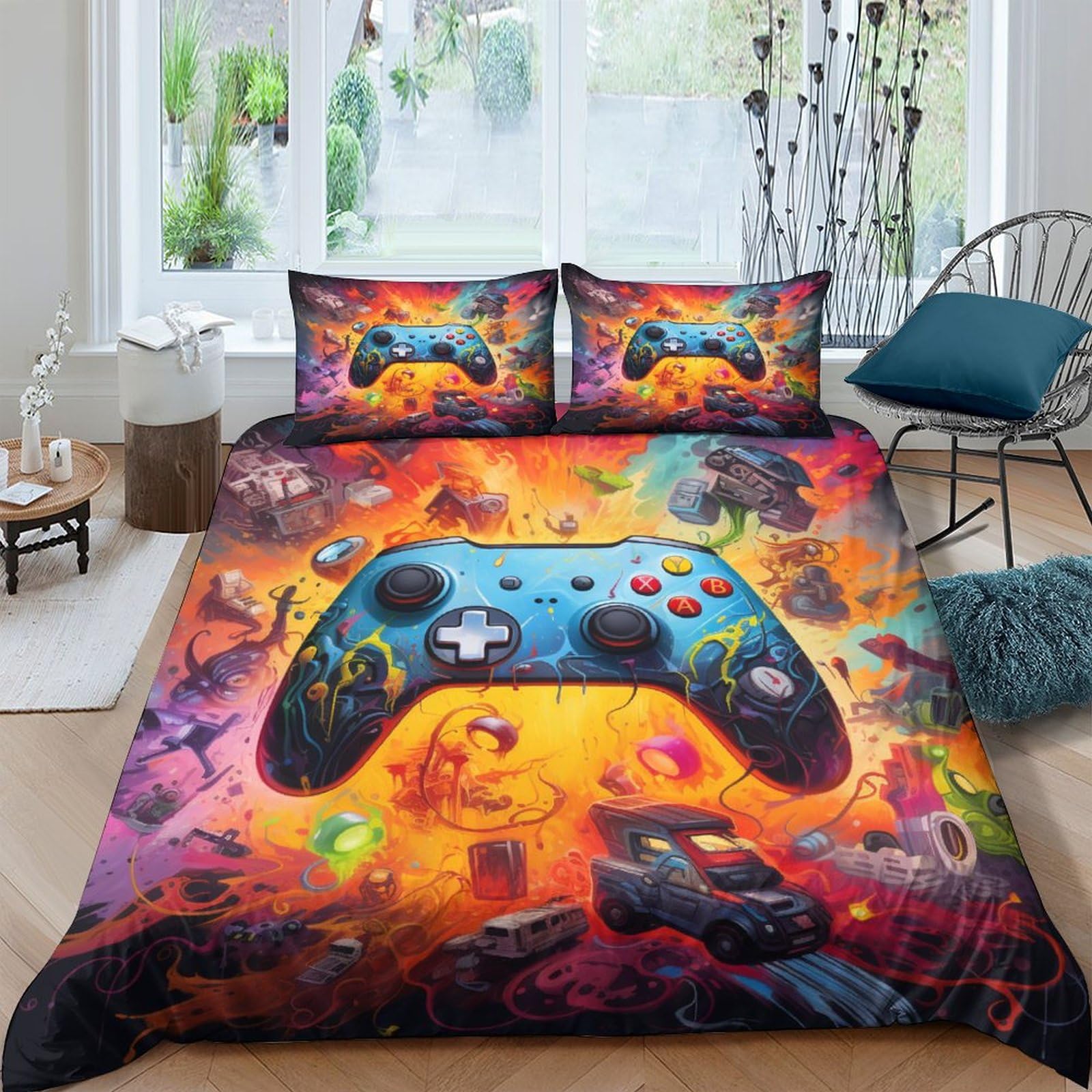 Housse de couette volcan 3D imprimé relief parure de lit 3 pièces microfibre king zippée