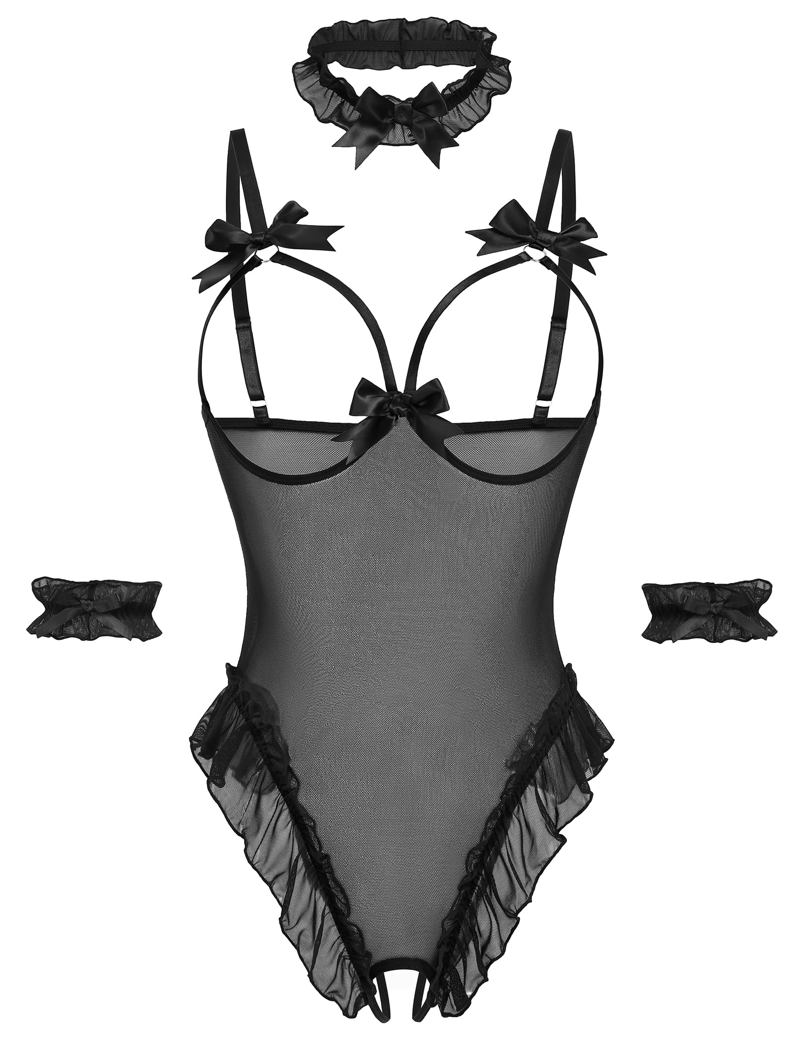 Avidlove Womens Lingerie Bodysuit 4 Piece Set Sheer Mesh Teddy Babydoll with Detachable Collar and Wrist Cuffs