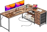 PRAISUN 61" Reversible L-Shaped Gaming Desk with Charging Station, USB-C, 4 Drawers & Adjustable Shelves - Rustic Brown Corner Workstation