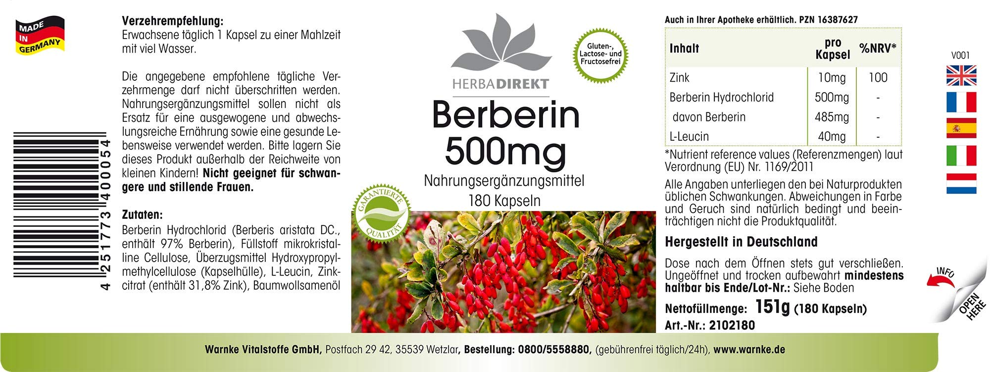 Berberina 500mg – altamente dosificada – Berberina HCL + Zinc – Vegana – 180 cápsulas | HERBADIREKT by Warnke Vitalstoffe - Calidad de farmacia alemana
