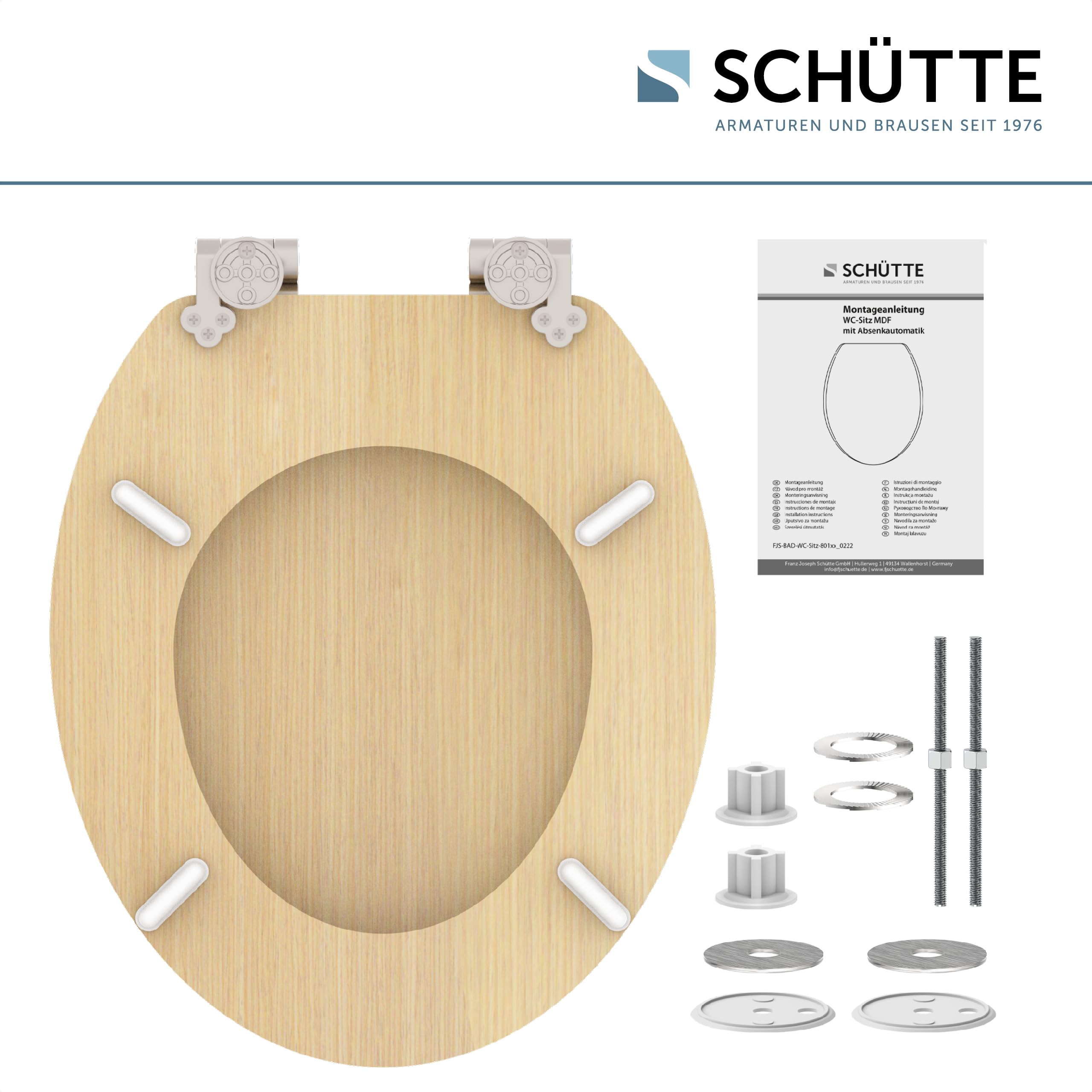 SCHÜTTE Tavoletta WC chiusura ammortizzata legno | Copriwater universali globo | Coperchio Water MDF | Sedile WC Universale | Asse Water | Fino a 250 kg | NATURAL WOOD