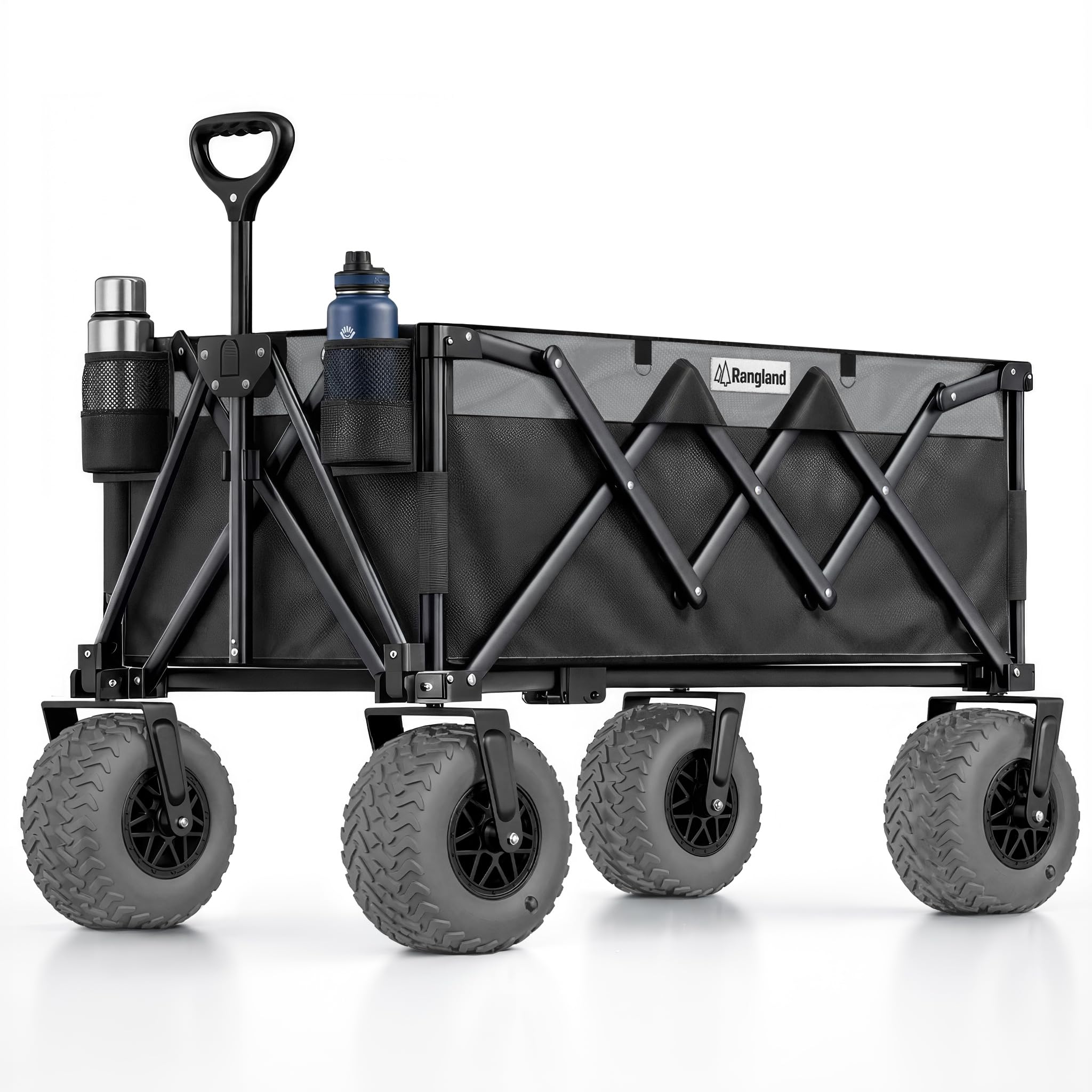 Beach Wagon - Carrello pieghevole per tutti i terreni con ruote grandi per sabbia e ghiaia, capacità 136 kg, colore: nero/grigio