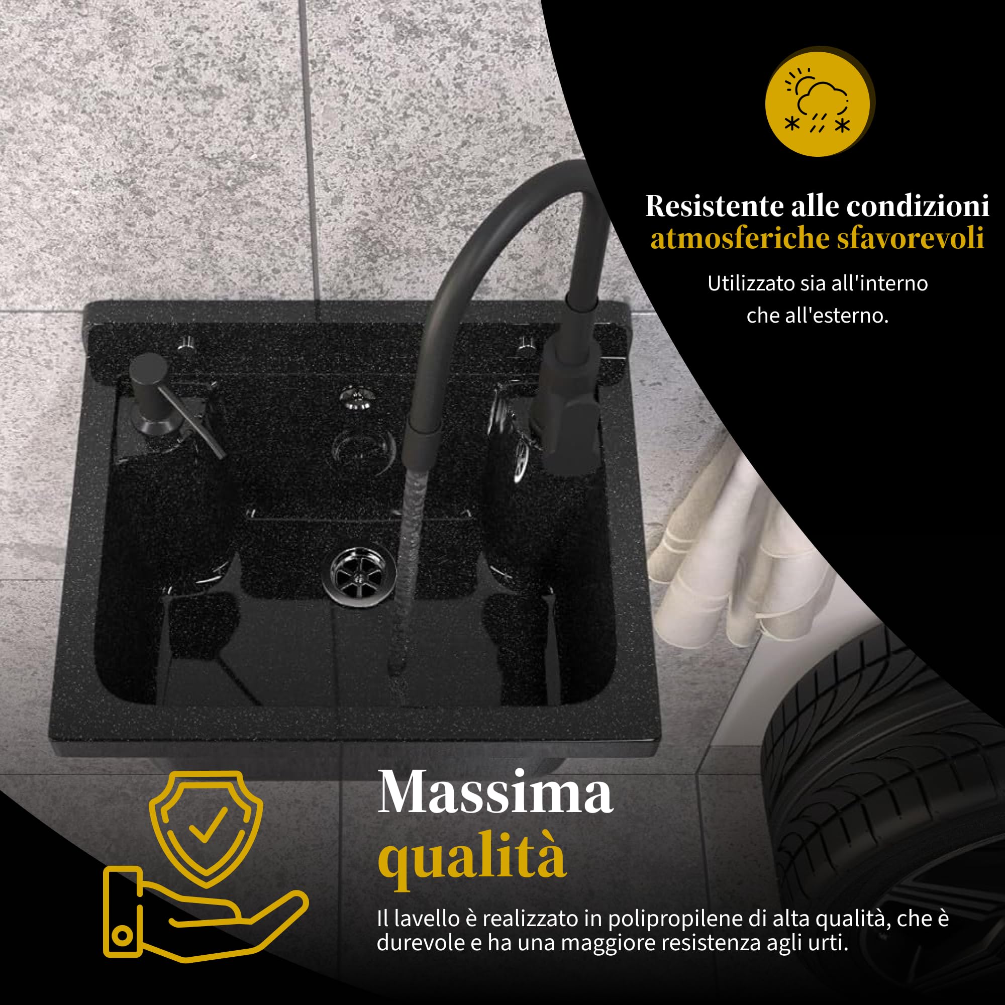 Set Lavandino + Sifone + Rubinetto - Lavatoio da Esterno 42x 34x24 cm - Lavandino esterno per lavanderia, garage, giardino - Lavabo Resistente agli acidi e alle sostanze chimiche - Bianco - Granitan